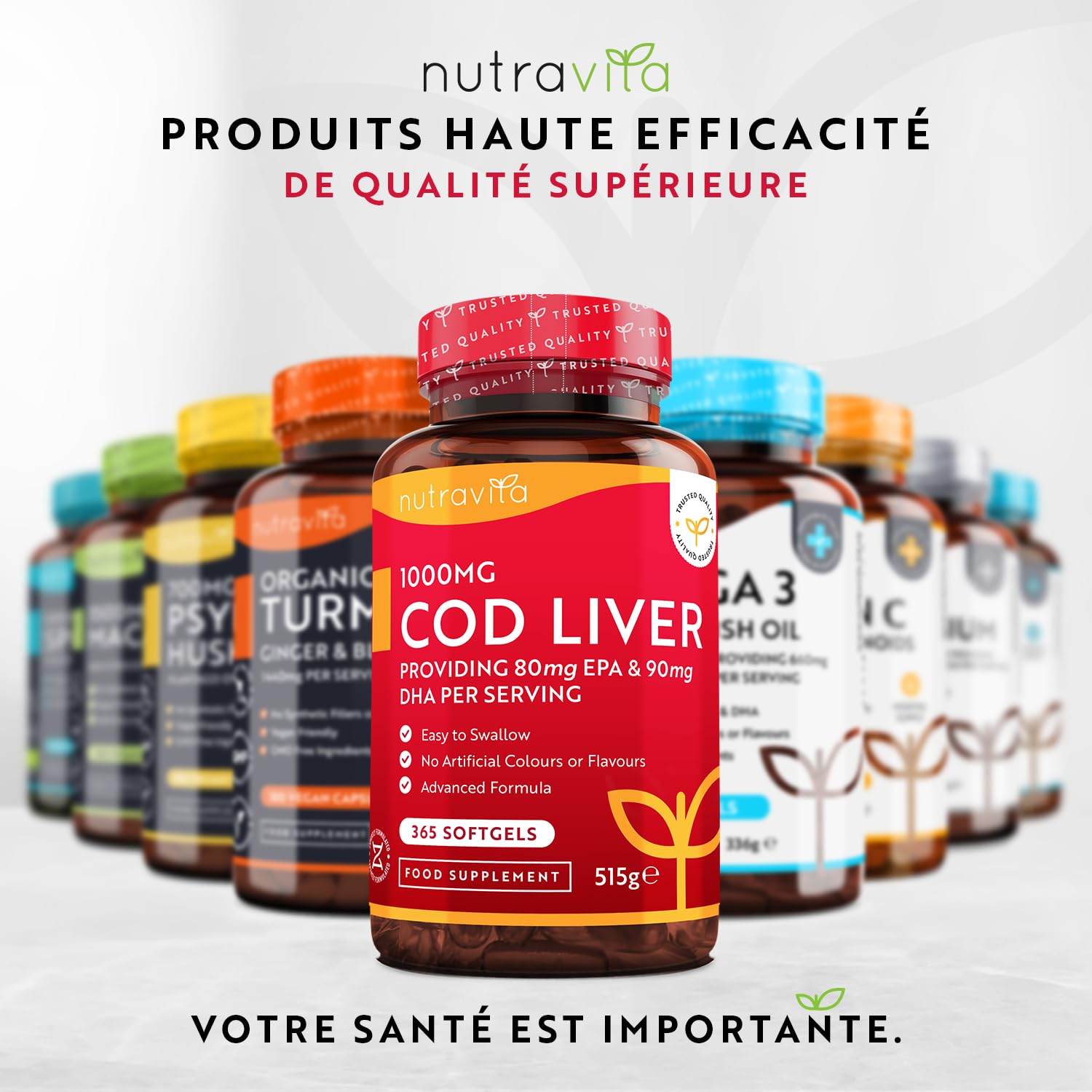 Huile de Foie de Morue 1000 mg - 365 gélules d'Huile de Poisson de qualité supérieure - Oméga 3, Vitamines A, D, E et Huile d'Ail - Soutient la santé cardiaque et cérébrale - Nutravita