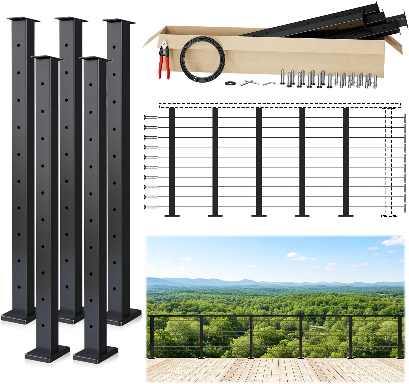 Muzata 16-20FT Modular Black Cable Railing Kit 36 Inch 5 Level Post Kit Complete Set Cable Railing System for Decks Length Adjustable Easy DIY with Paper User Guide (No Handrail) RW17