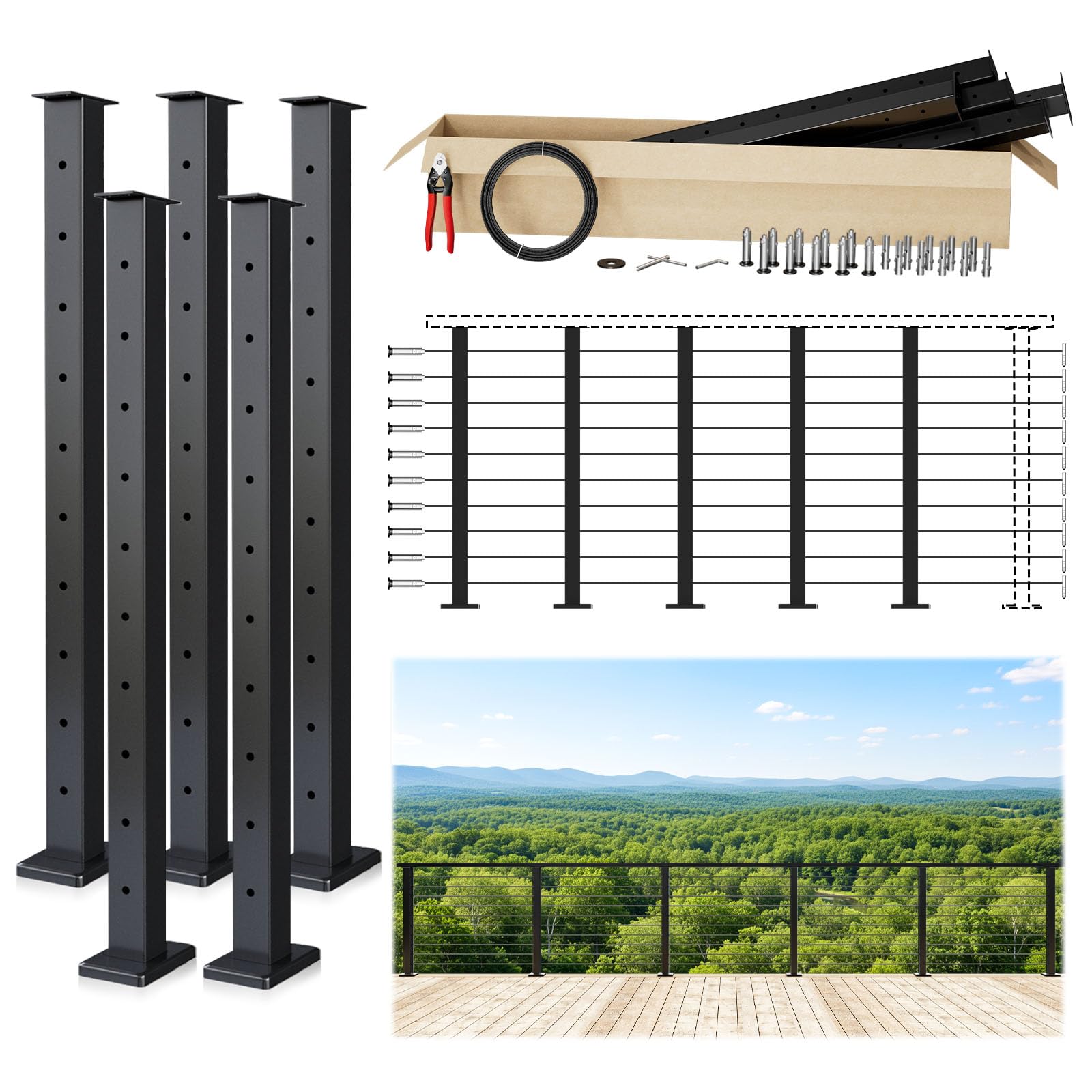Photo 1 of Muzata 16-20FT Modular Black Cable Railing Kit 36 Inch 5 Level Post Kit Complete Set Cable Railing System for Decks Length Adjustable Easy DIY with Paper User Guide (No Handrail) RW17