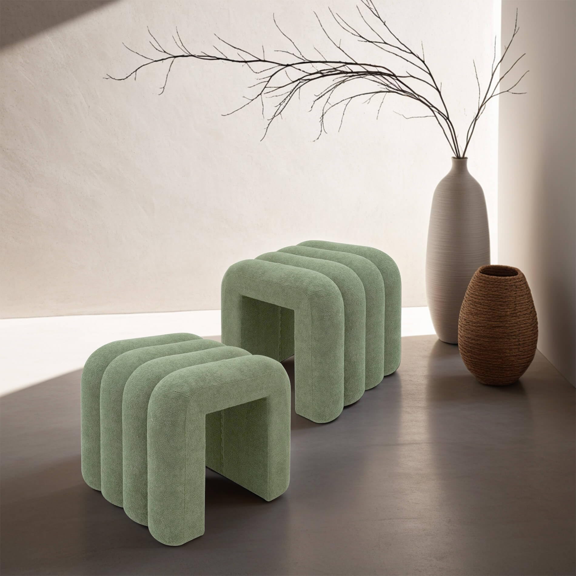 Rebecca Mobili Set 2 Moderne Fußstützen, Niedrige Pouf Hocker, Dunkelgrün, Polyesterstoff MDF, Wohnungsdekoration, für Sofa - Maße HxBxT: 40 x 38 x 40 cm - Art. RE7062