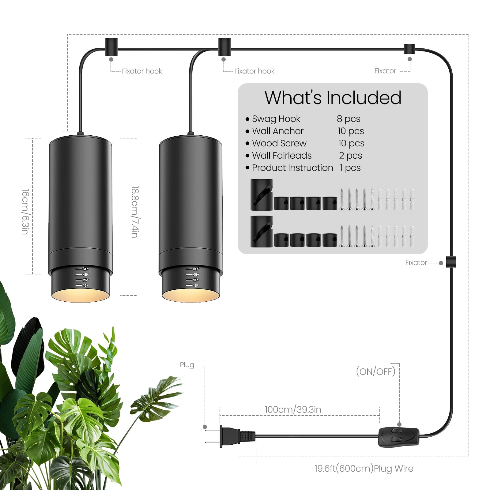 Luces colgantes remotas con zoom y temporizador de encendido/apagado automático, 2 luces LED de espectro completo de 30 W, 2700 K-6000 K, regulables, para plantas de interior, cable de