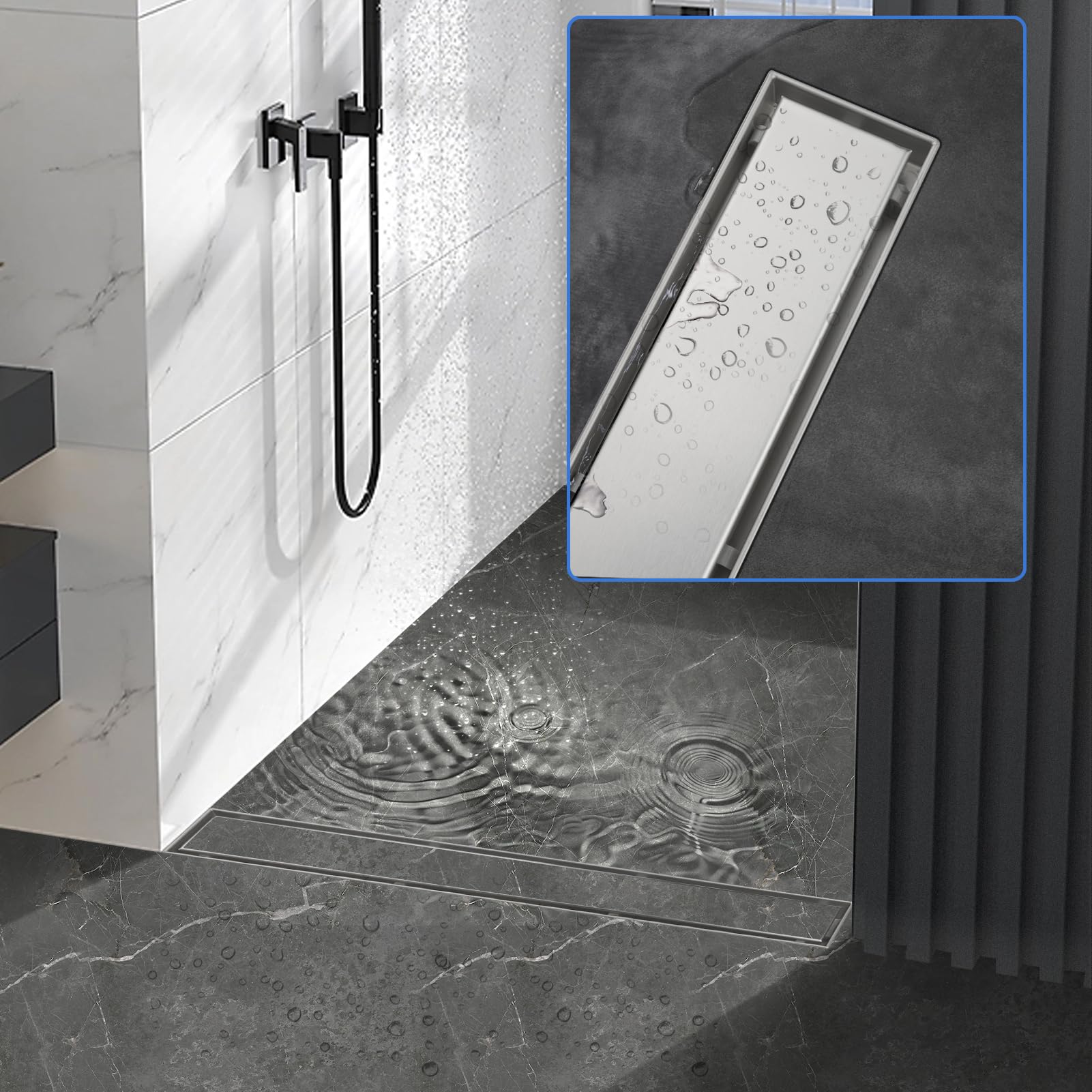 iYueMps Linear Shower Drain 800mm/31inch 360 ° Rotatable 2-in-1 Double-Sided Tile Insert Stainless Steel Invisible Bathroom Floor Drain Set including Odor Stop and Hair Strainer - Image 2
