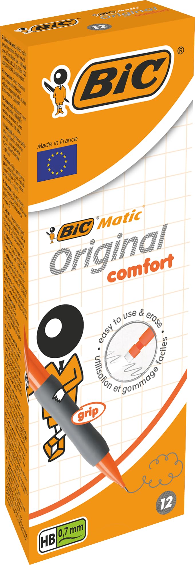 BIC Matic Original Comfort, Mechanical Pencils with 0.7mm Pressure Resistant HB Lead, Assorted Barrel Colours (Blue, Orange, Yellow & Grey), Pack of 12