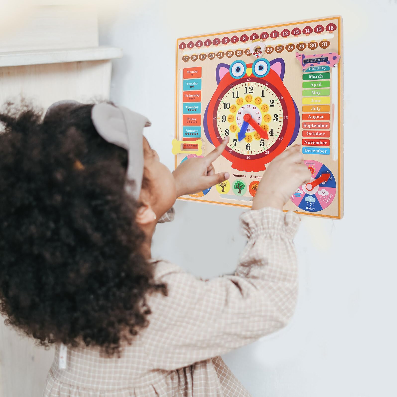 Reloj de Madera Educativo Búho para Juguete Cognitivo Multifunción para Aprender Hora Estaciones y Clima Material Natural Seguro y Duradero
