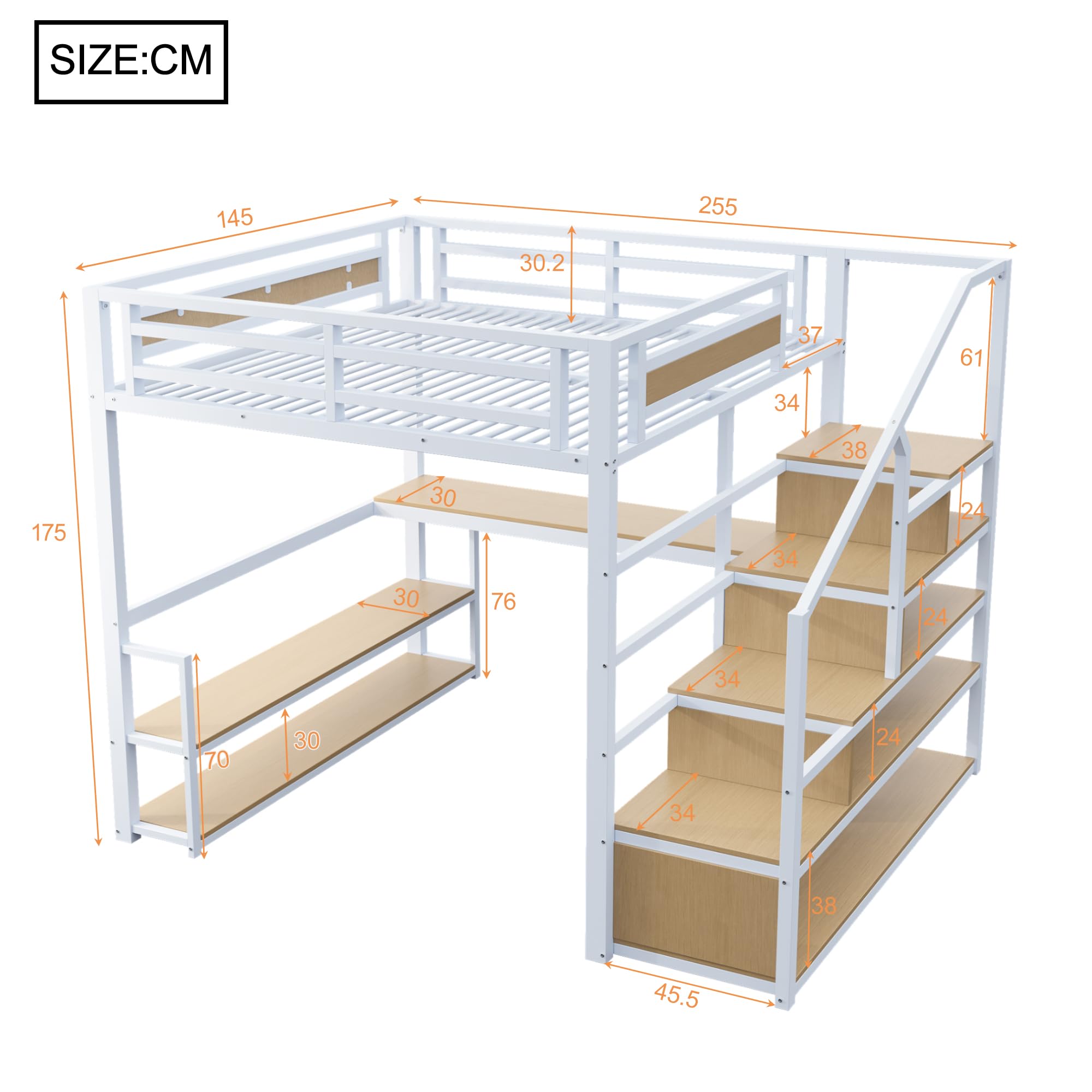 Letto a soppalco 140x200 cm in metallo con scaletta portaoggetti con ripiani e tavolo letti singolo per adulti con struttura in ferro per gli ospiti bianco