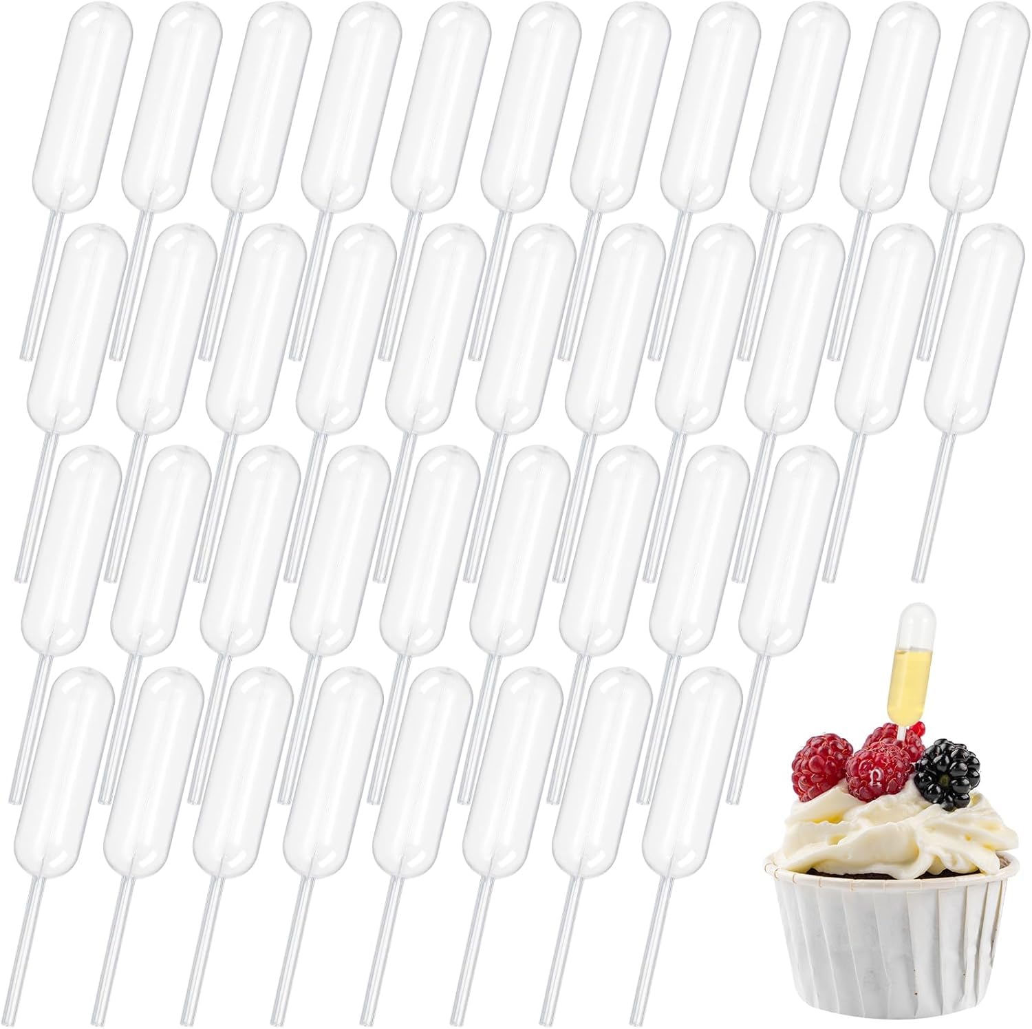 100 Pcs 4ml Clear Plastic Cupcakes Pipettes, Liquid Transfer Droppers, Precise for Chocolate/Strawberries/Ice Cream/Mini Cakes, Hygienic Baking Kitchen Supplies