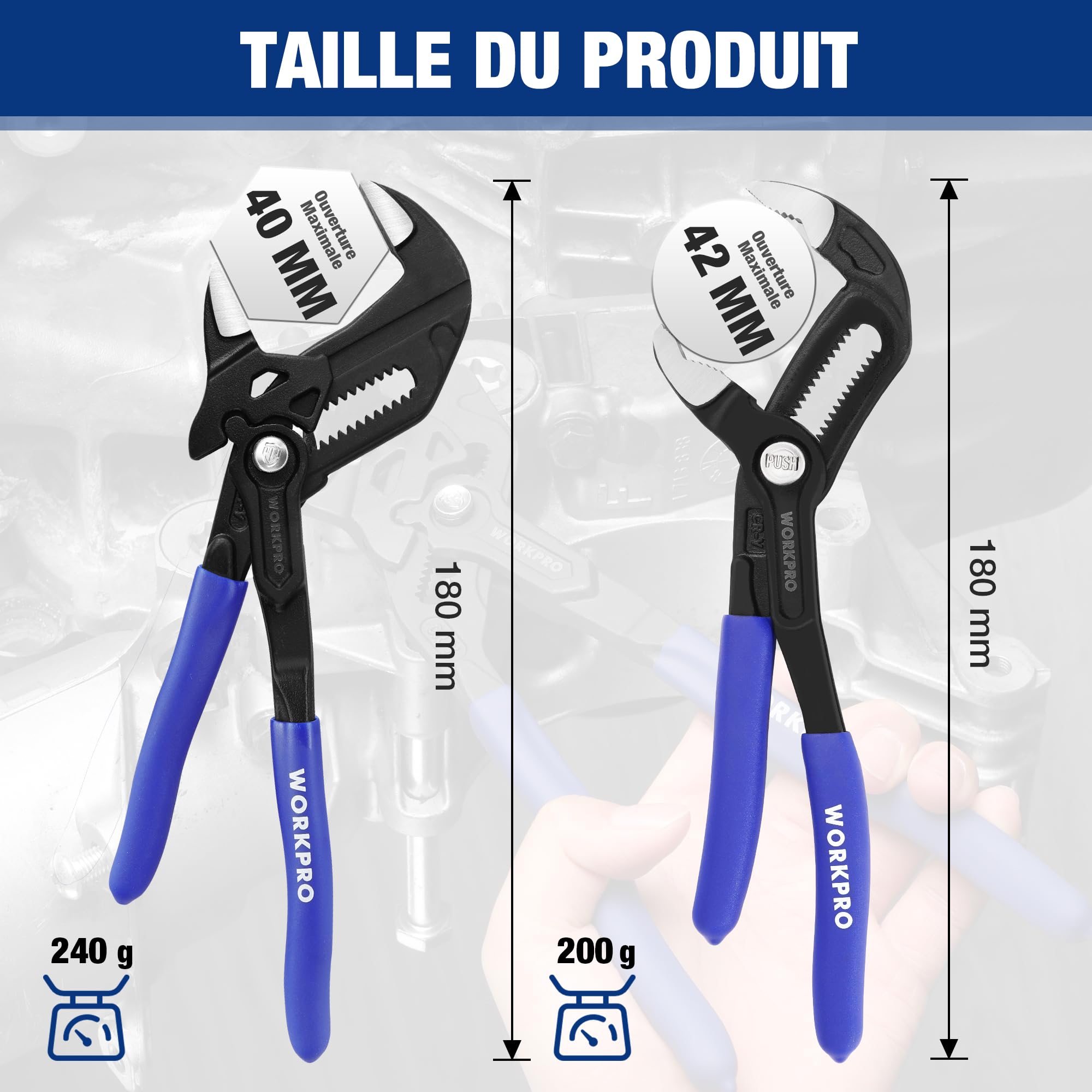 WORKPRO Ensemble de 2 Pinces, Pince Multiprise Rainurée 180 mm et Clé à Pince 180 mm pour Réparation de Plomberie et Usage Domestique