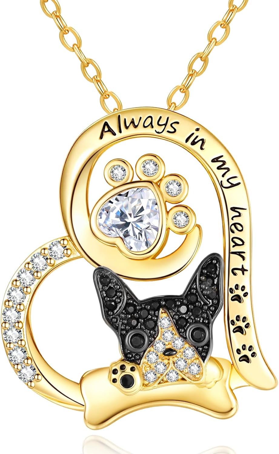 14K Gold Dog Breed Paw Print Necklace For Women Simulated Diamond Paw Heart Pendant Necklace Memorial Jewelry Gift For Dog Mom Lovers Birthday Valentine's Mother's Day Christmas