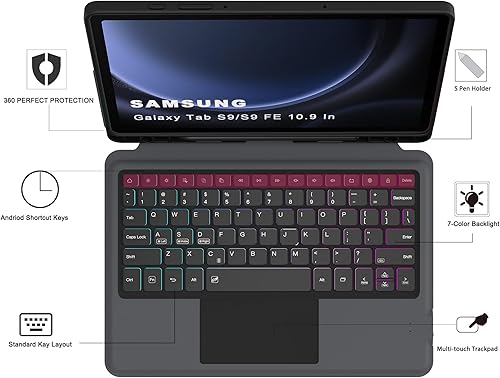 Miniatura 7 de Funda para Galaxy Tab S9 FES9 con teclado desmontable retroiluminación de 3 zonas de 7 colores, panel táctil inteligente, fundas de teclado