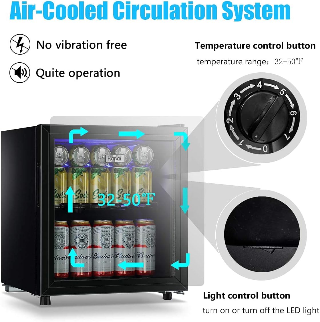 Beverage Refrigerator Cooler 60 Can Mini Fridge Glass Door for Beer Drinks Wines Juice, Adjustable Shelves Blue LED Lights and User Friendly Temperature Knob for Home Office Dorm Bar 1.6 Cu. Ft