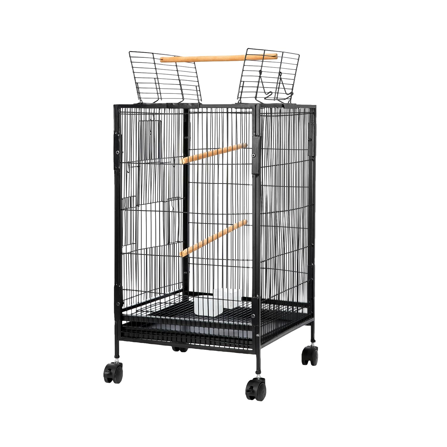 amazon basics 30-inch metal bird cage with gate | feeders, wooden perches & tray | ideal for lovebirds, parrots & small birds | 3 levels| black
