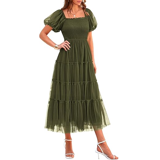 PRETTYGARDEN Women's Smocked Midi Tulle Dress 2025 Summer Puffy Short Sleeve Square Neck Ruffle Wedding Guest Party Dresses