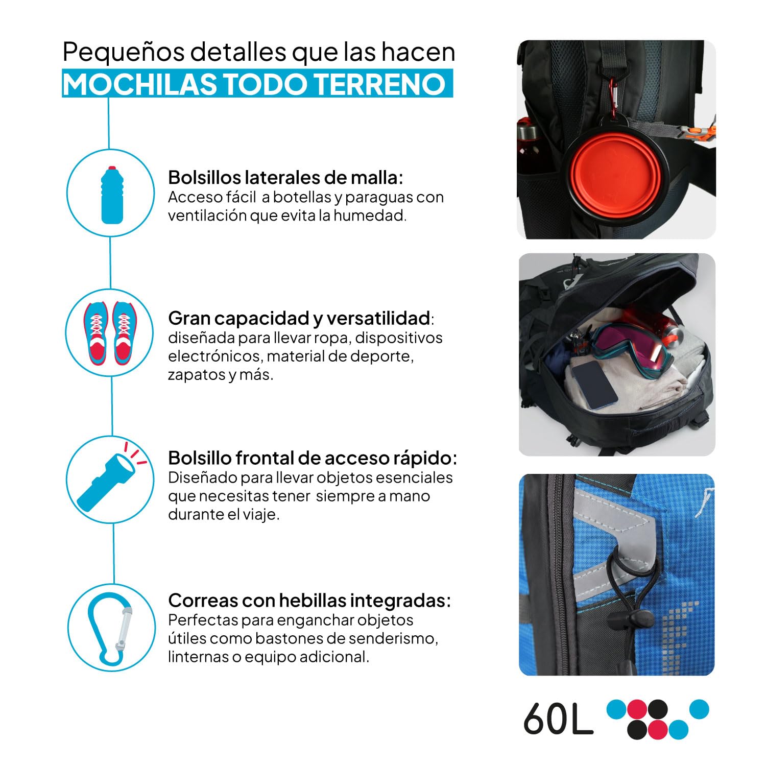 OcioDual Mochila Senderismo 60 Litros, Mochila Trekking, Montaña y Camino de Santiago, Multifuncional, Ligera, Mochilas Hombre para Camping, Acampada, Marcha Nórdica, Supervivencia, Azul