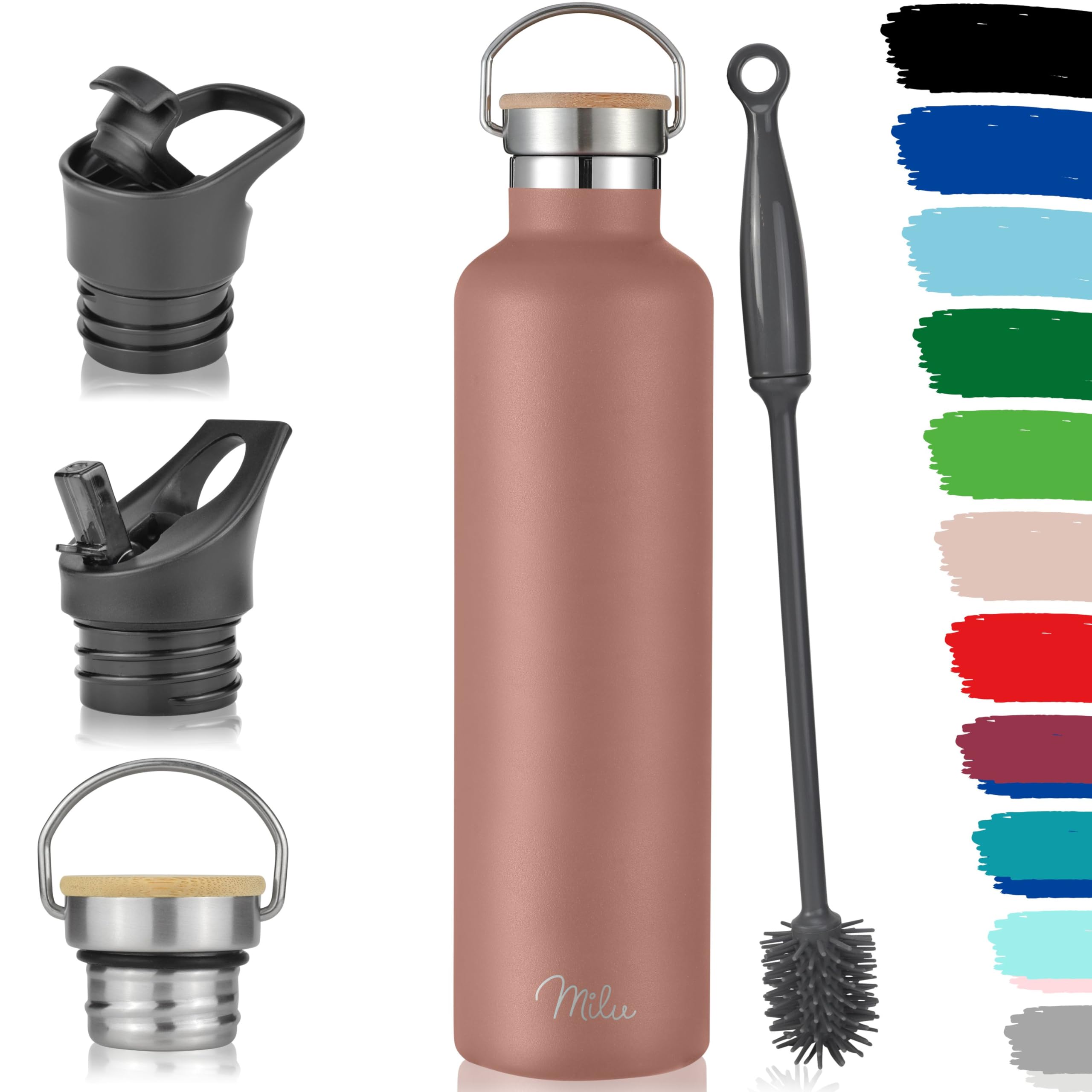 Milu Edelstahl Trinkflasche 350ml 500ml 750ml 1000ml (+3 Deckel) Thermosflasche mit Strohhalm, Isolierte Wasserflasche, Auslaufsichere Isolierflasche doppelwandig (Rose Gold, 1000ml)