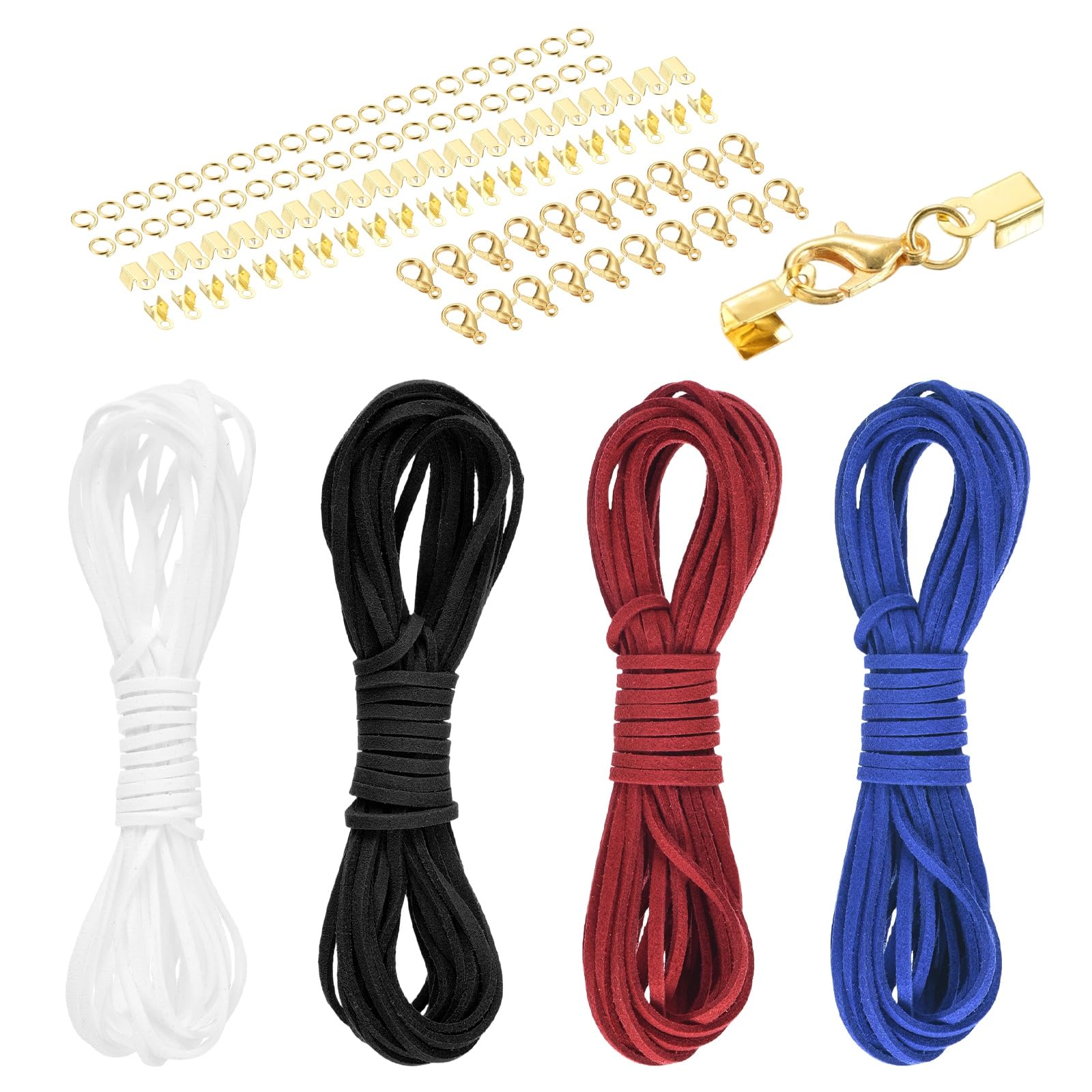 sourcing map 4 Pcs Suede Cord, 5.5 Yards Flat Faux Leather Cord Soft Durable Leather String with Gold Closed-Mouth Ring Rope Clip Lobster Clasps for Art Crafts, White/Red/Blue Purple/Black