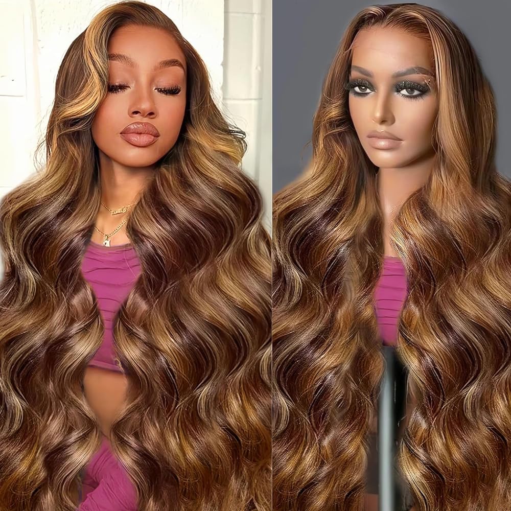 KeaBalo 28 Inch Highlight Ombre Lace Front Wigs Human Hair Pre Plucked with Baby Hair Body Wave Frontal Wigs Human Hair 180% Density 4/27 Colored 13x4 Honey Blonde Lace Front Wig Human Hair for Women