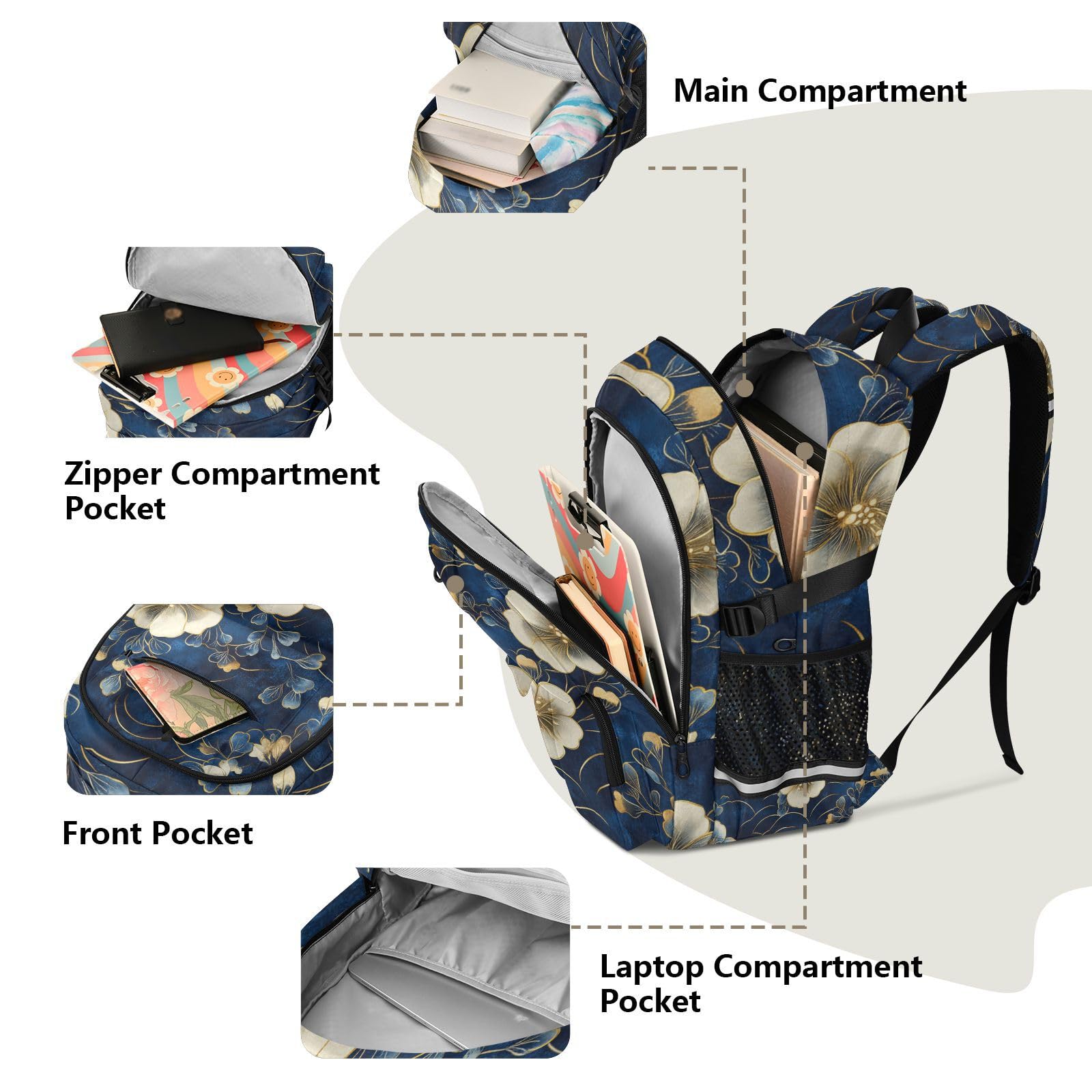 Mochilas de viaje para mujer, color azul y dorado, retro, románticas, flores, bolsa de trabajo universitaria, mochila de trabajo de 17.5 pulgadas, mochila de negocios