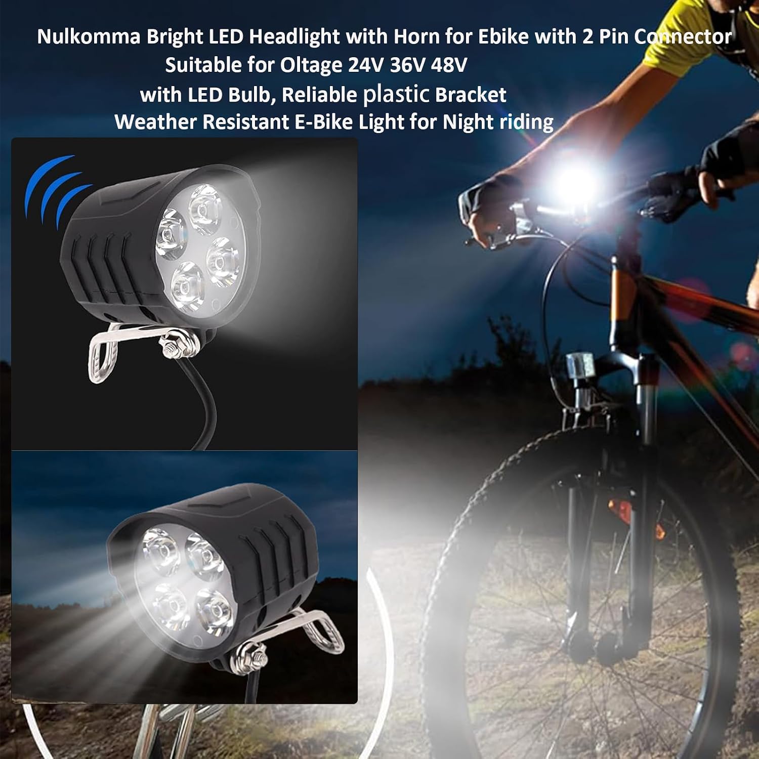 Headlight for Adult Ebike 2-Pin Waterproof Connector, 36V 48V Bright Bike Front Light for EBikes and E-Scooter,Night Riding Bike Lamp Compatible 24V-60V