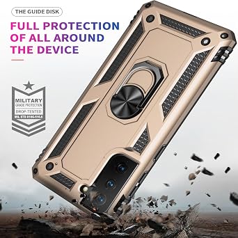 STARSHOP Compatible with Samsung Galaxy S21 FE 5G Case Phone Cover, with [Tempered Glass Screen Protector Included], Military Grade Shockproof Drop Protective with Metal Kickstand- Gold