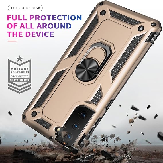 STARSHOP Compatible with Samsung Galaxy S21 FE 5G Case Phone Cover, with [Tempered Glass Screen Protector Included], Military Grade Shockproof Drop Protective with Metal Kickstand- Gold