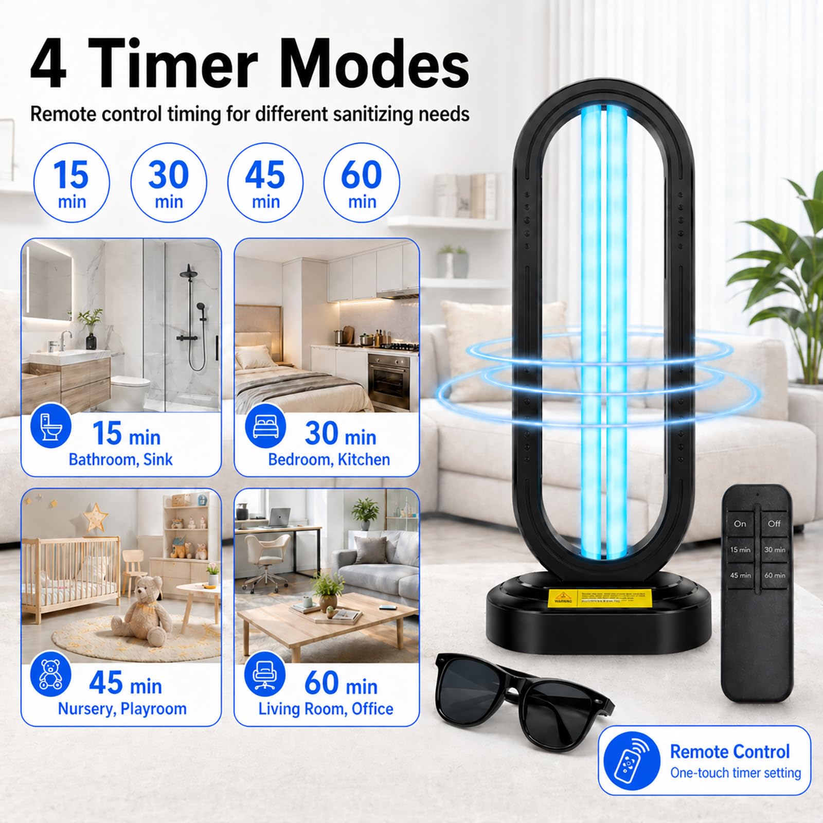 Feefir Desinfectante de luz UV, temporizador de 4 velocidades y control remoto, dispositivo de desinfección UVC para el hogar, desinfectante portátil de luz ultravioleta para ácaros del polvo, lámpara