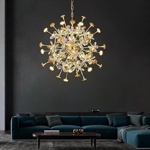 Miniatura 1 de Candelabros modernos de cristal, lámpara de diente de león dorada de 32 luces, lámpara Sputnik con flores de cristal, lámparas colgantes de fuegos