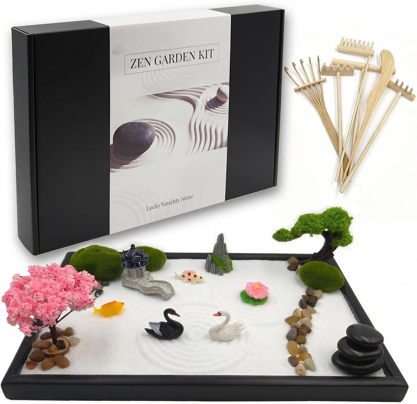 Zen Garden for Desk, Japanese Garden Home Office Desktop Decor for Meditation Sand Tray Therapy Kit,11.8'' X 7.9'' Large Size,Bamboo Rake Tools, Valentine's Day Gift