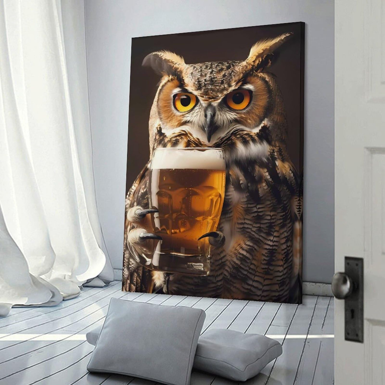 Junmoney Owl Beer Decorative Wall Artwork, 20x30inch(50x75cm), for Corridors, Hallways Or Apartment Entries, Home Artwork for First Impressions