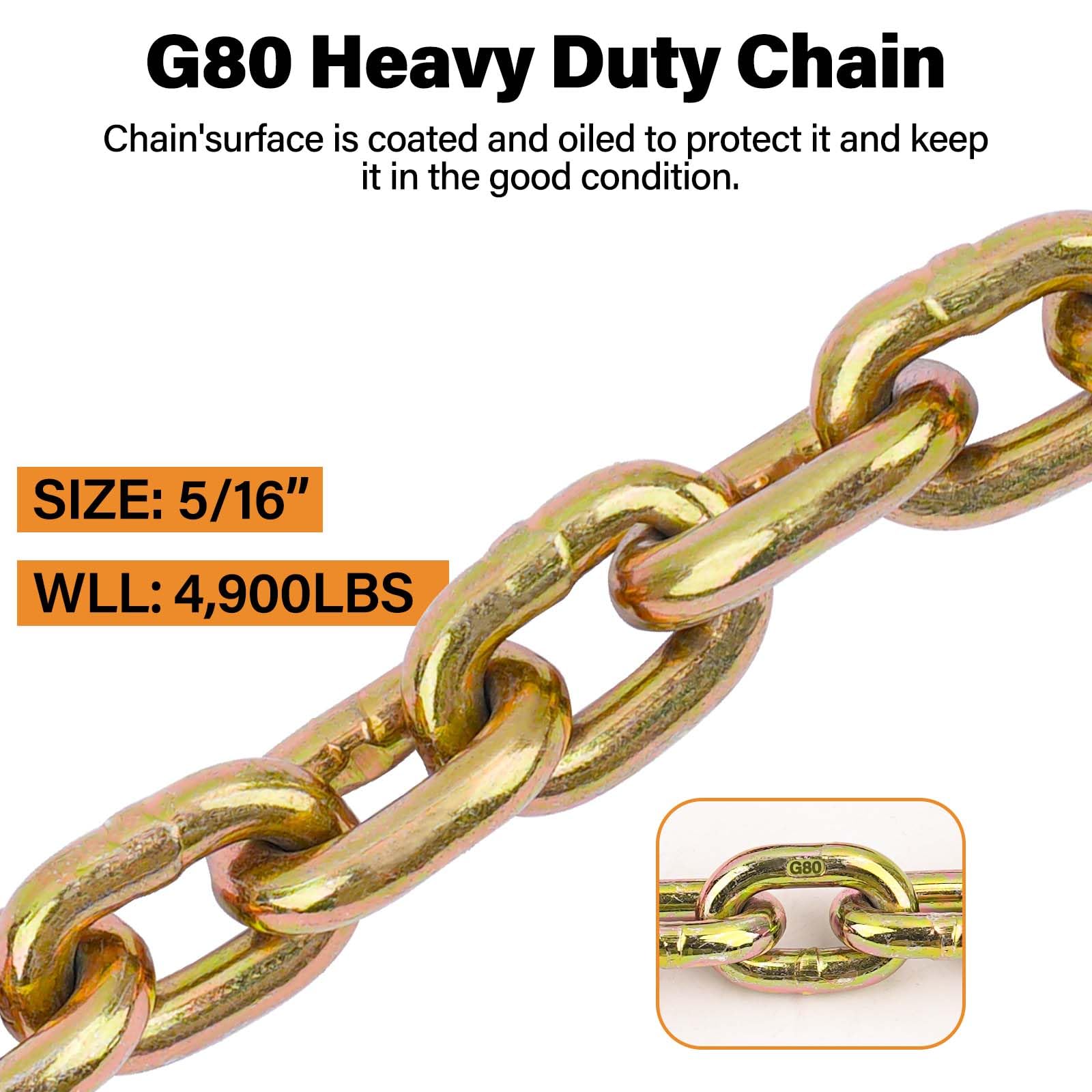 Confezione da 2 catene di traino di grado 80, 5/40,6 cm × 6,1 m, con gancio G80, resistenti catene di sicurezza per rimorchi, carico di lavoro 2,2 kg, catena di sicurezza per leganti a