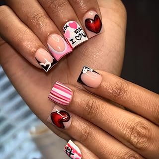 Valentines Press on Nails Short Square Artificial Acrylic False Nails French Tip Fake Nail 3D Love Full Cover Glossy Stick on Nail Heart Press Ons Nail Artificial Fingernails Women Festival Manicure