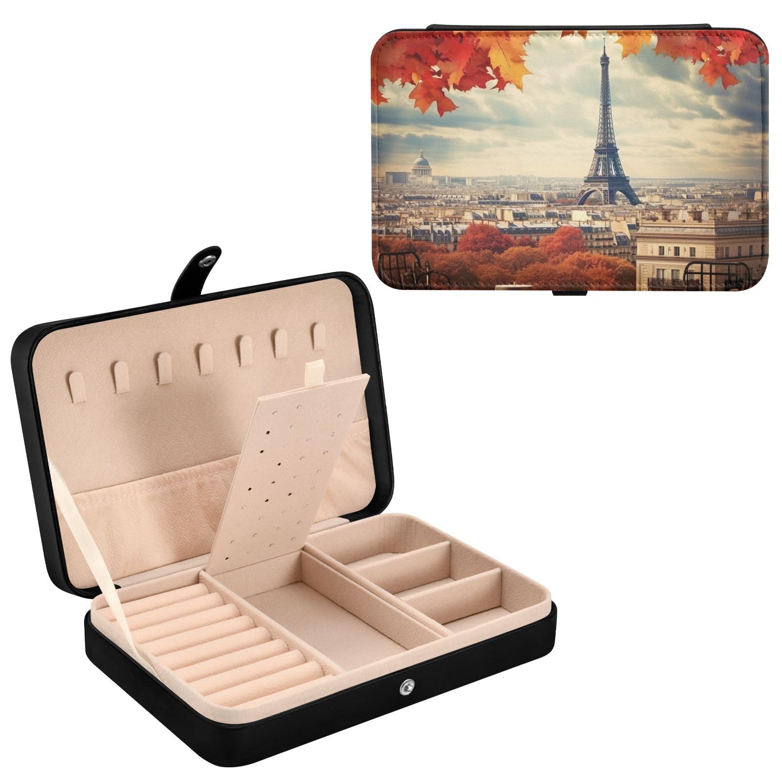Haskirky Paris Eiffel Tower Jewelry Box Portable PU Leather Travel Jewelry Organize for Women Jewelry Storage Display Holder for Ring, Necklace, Earring