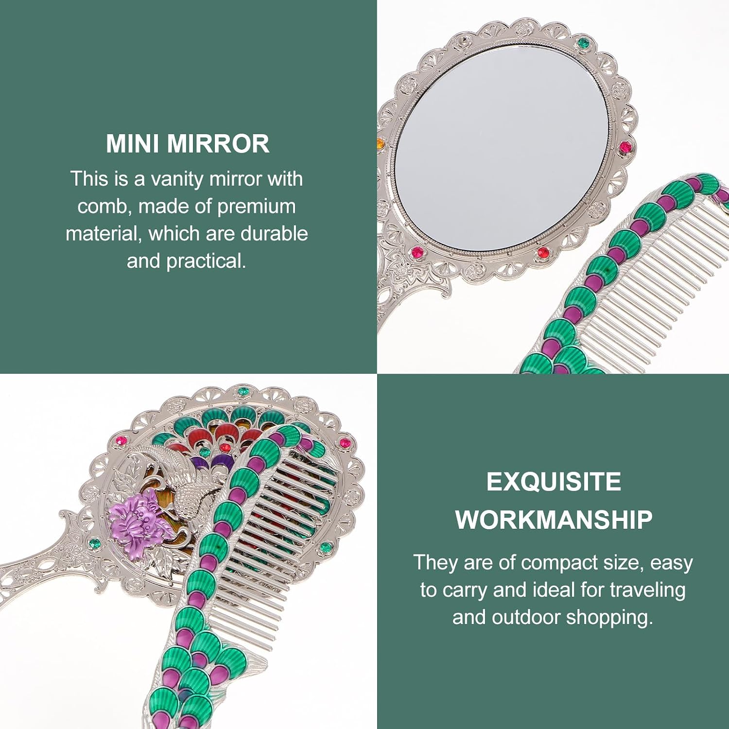 Vintage Handheld Vanity Mirror and Comb Set, Portable Retro Mini Makeup Mirror with Silver Finish, Compact Beauty Accessory for Women’S Travel and Daily Use Style image 5