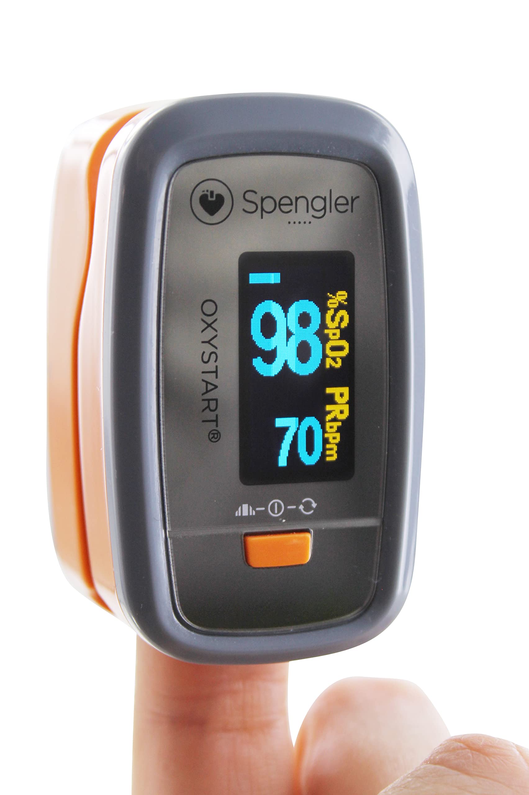Oxymètre de doigt SPENGLER Oxystart, Oxymètre de Pouls Digital Portable, Facile à Utiliser, Fiable et Précis, Compact et Léger (Orange)