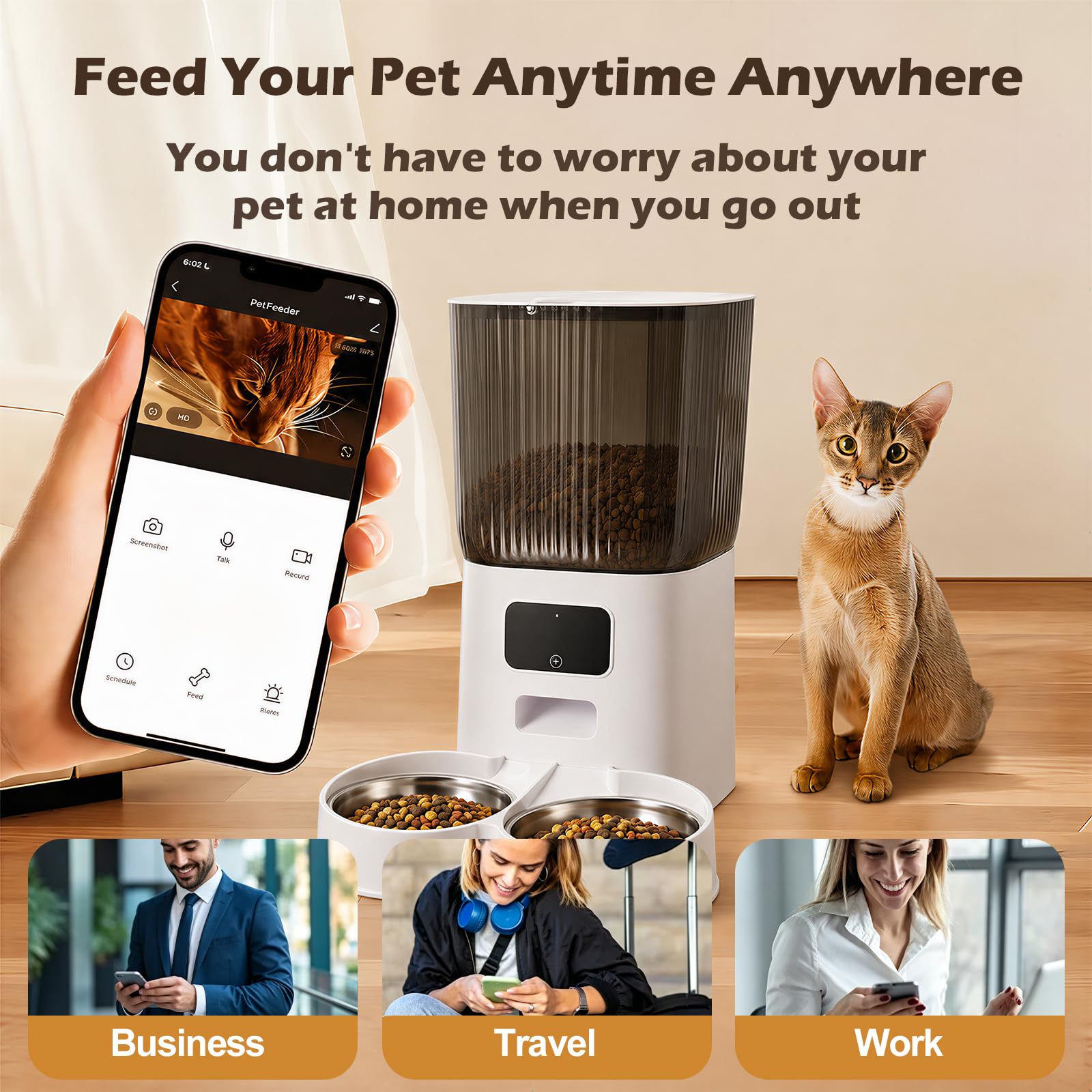 Alimentatore intelligente per animali domestici da 5 litri con telecamera Pan/Tilt 2K, distributore automatico di cibo per cani e gatti, audio bidirezionale, visione notturna, rilevamento del