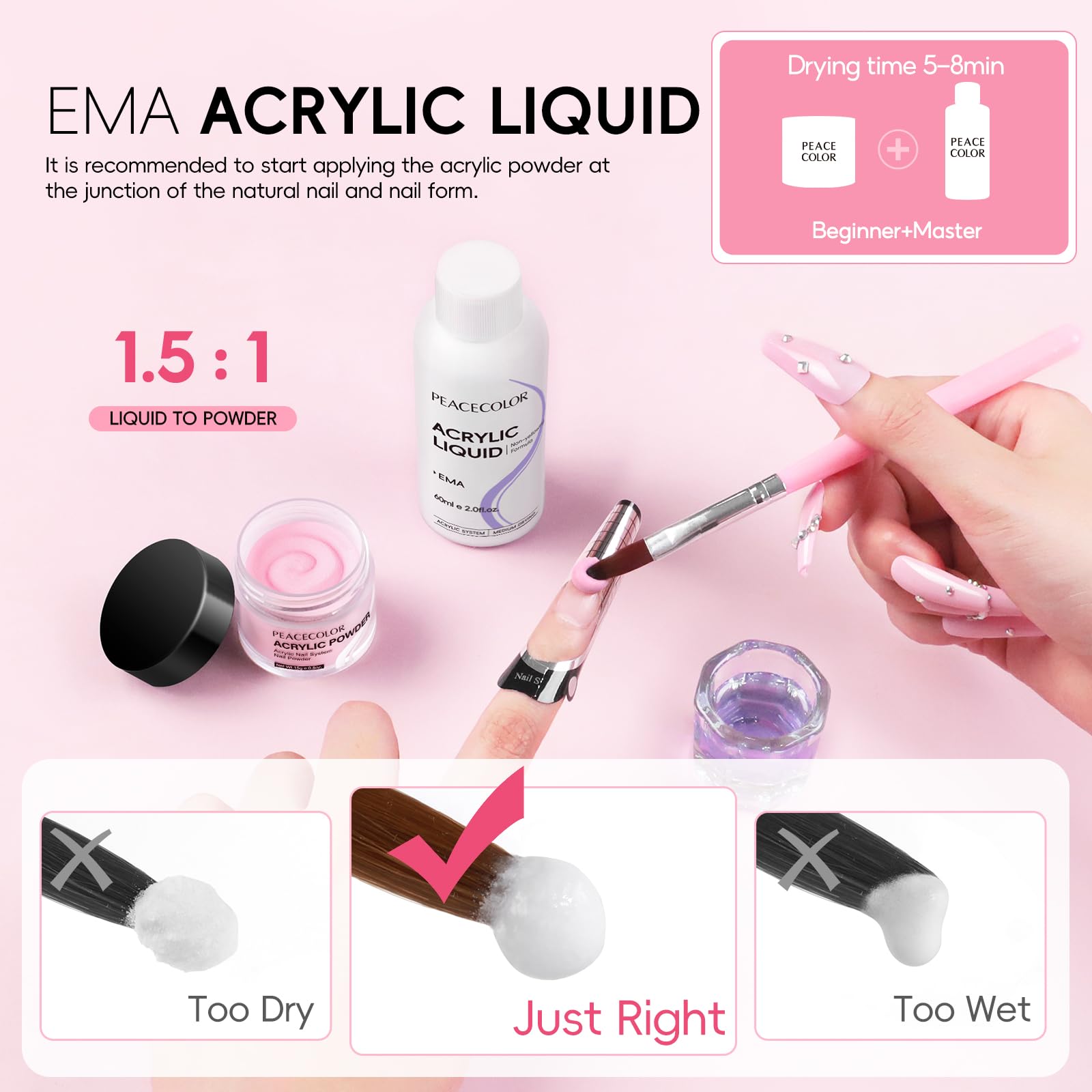 PEACECOLOR Kit Acrylique Ongles Liquide 3 Couleurs Poudre Acrylique pour Ongles Liquide de Manucure Kit Extensions Ongles En Gel Pour Utilisation à Domicile Dans Salon Manucure DIY