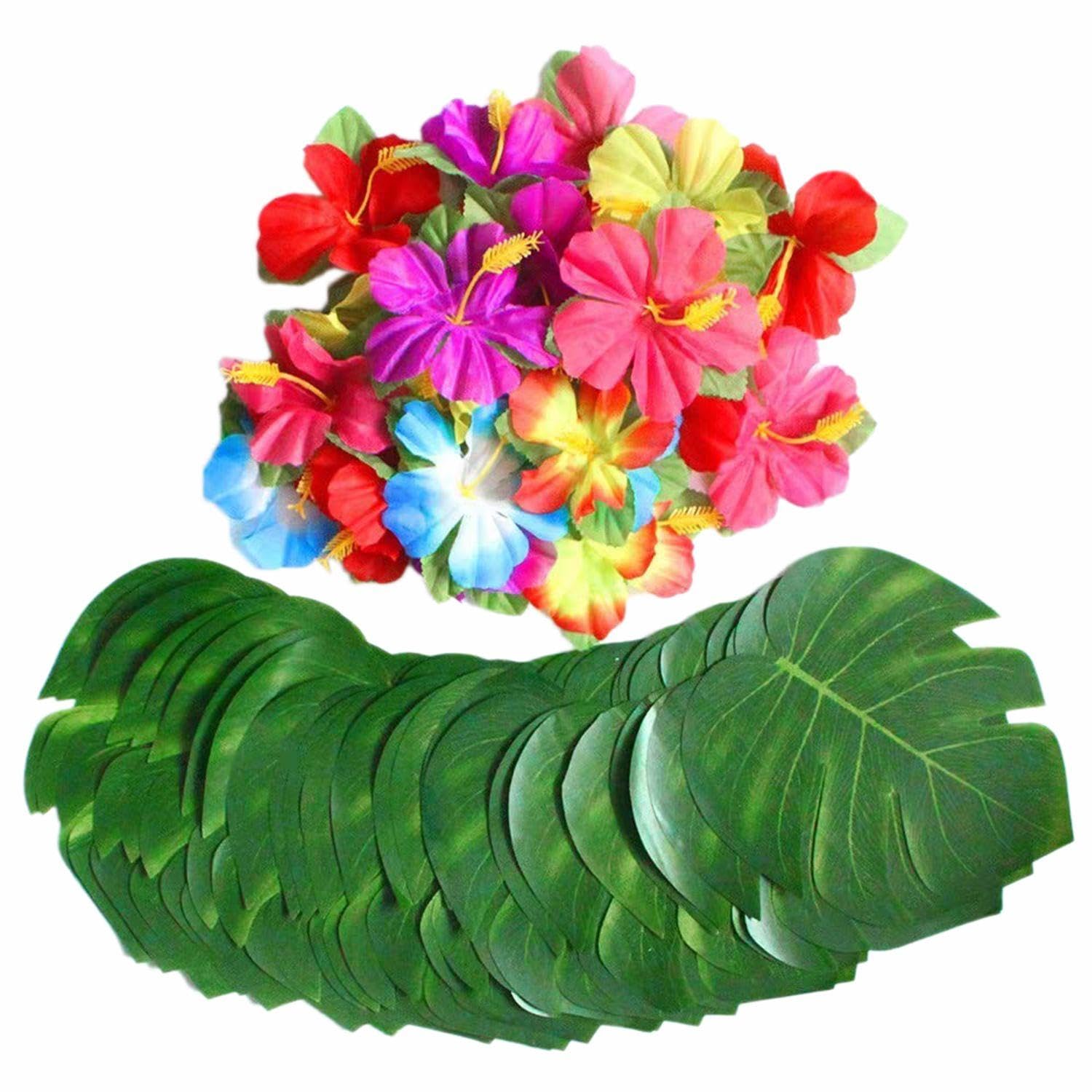 Vehyegoi Green 60 Pieces Tropical Party Decoration Supplies, Hawaiian Party Decorations, Palm Tree Decorations, Table Decorations, Artificial Tropical Palm Leaves, Hibiscus Flower Decorations