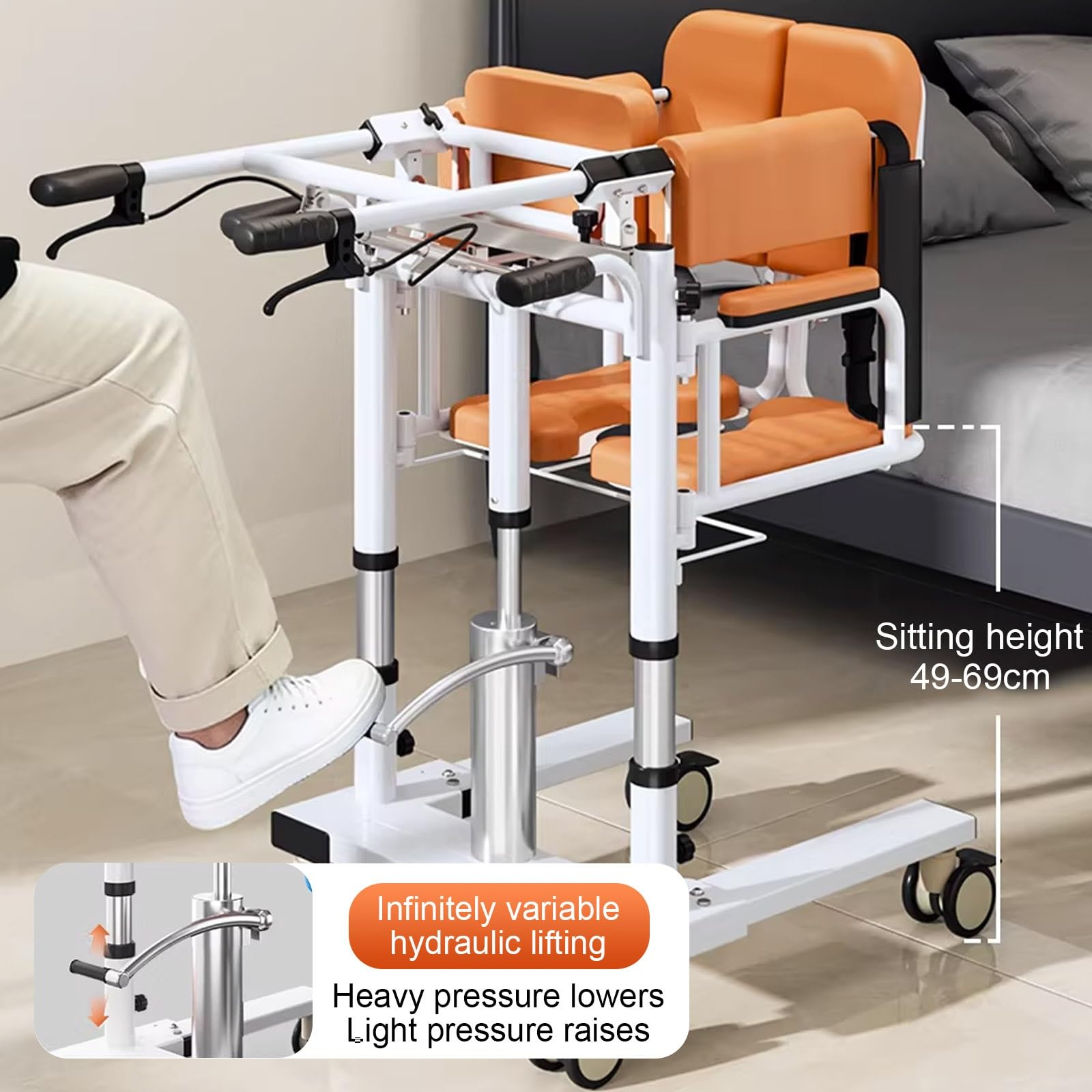 Hydrauliczny podnośnik pacjentów z dzielonymi siedzeniami 180 °, mobilny wielofunkcyjny wózek inwalidzki, regulowana pomoc w przenoszeniu wysokości dla osób starszych