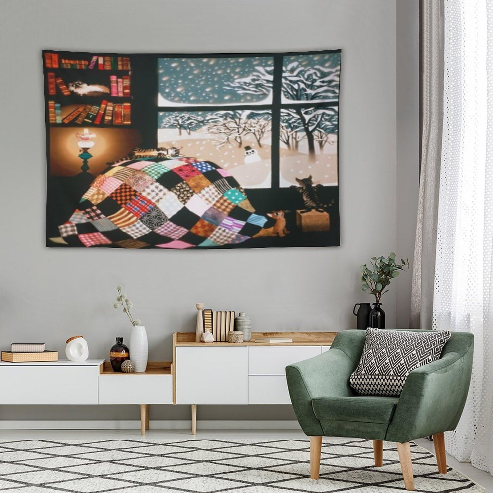 Amazon.co.jp: 藤城清治 こたつと猫 タペストリー 毛布 インテリア 布