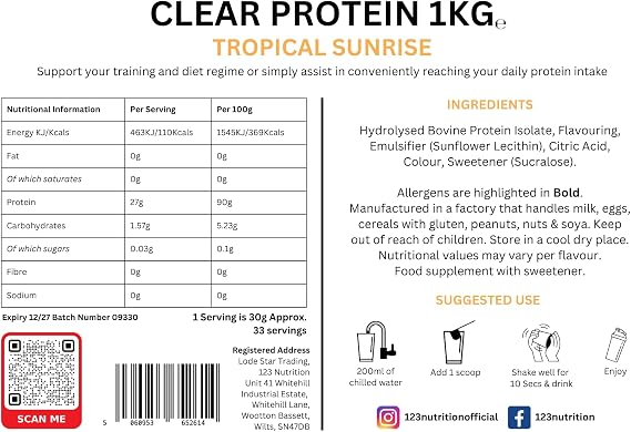 Clear Protein, High Protein, Lactose-Free Protein Supplement, 1kg (1kg, Tropical Sunrise)