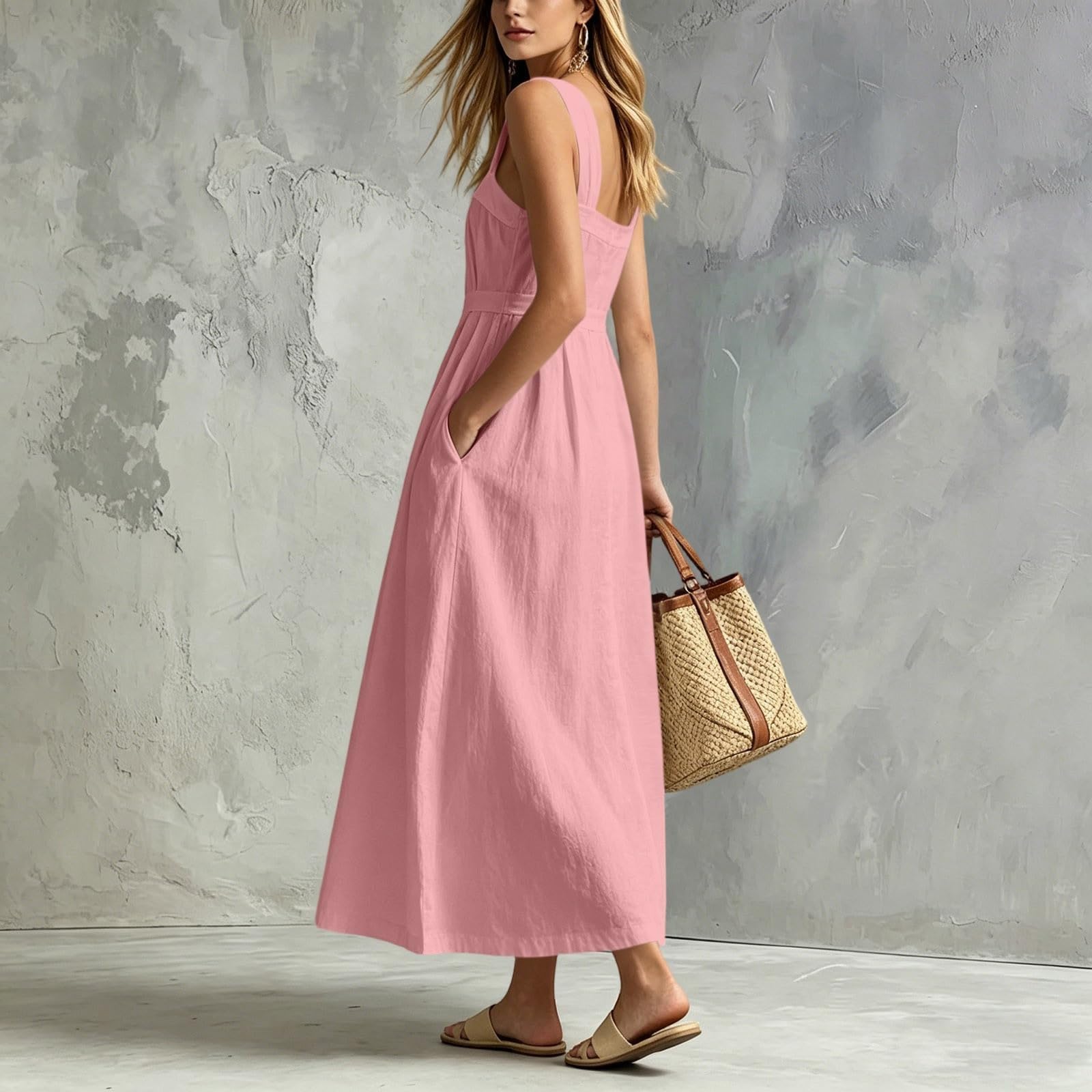 Vestido de verano para mujer, vestido de muselina con cuello halter para mujer, vestido informal de verano con bolsillos, línea A, vestido de volantes, ligero y aireado, vestido de playa, sin mangas