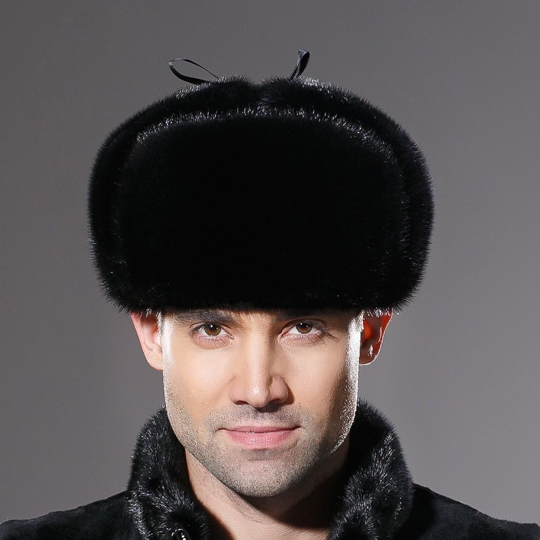 URSFUR Mens Russian Ushanka Hat Leather Winter Real Mink Trapper Cap