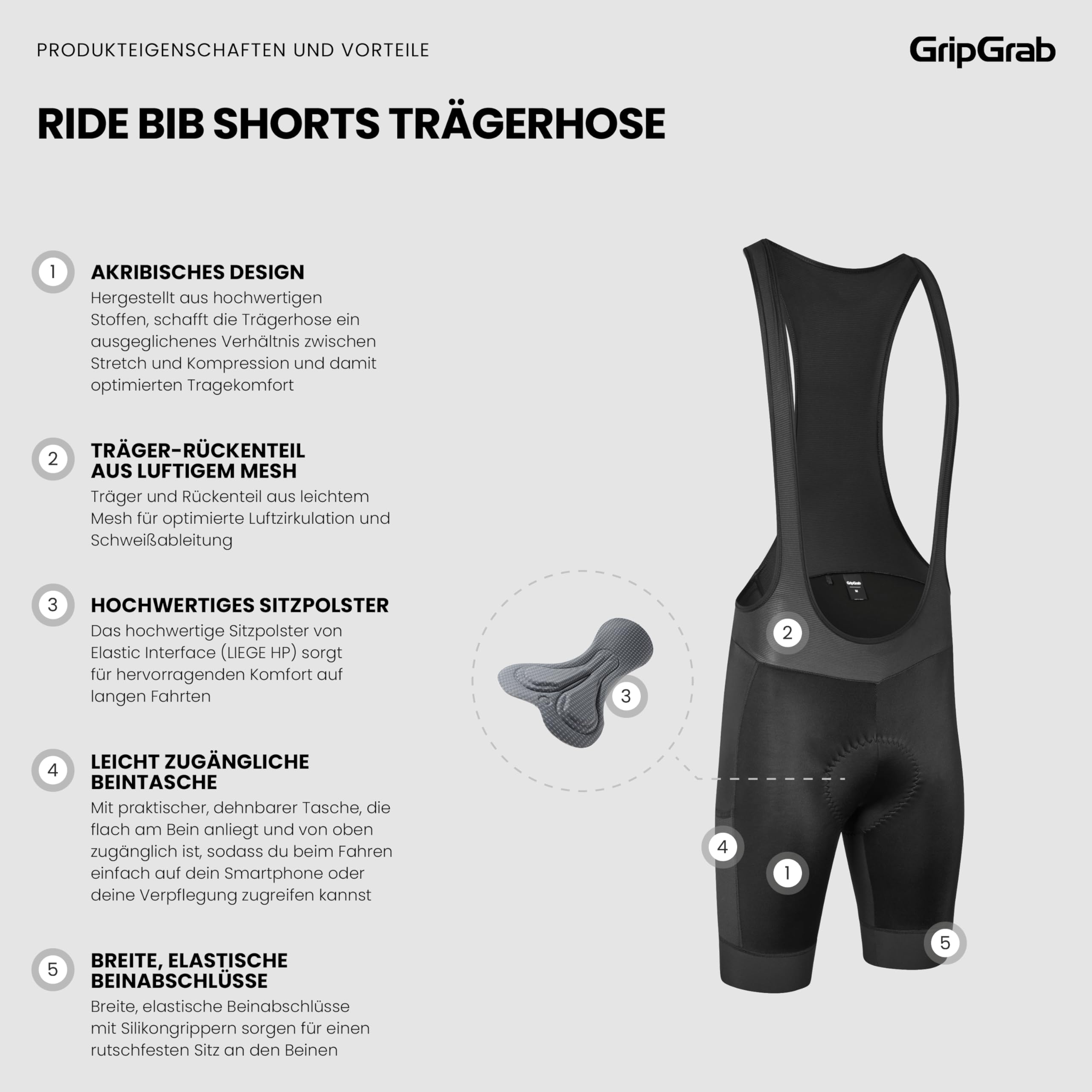GripGrab Ride Bib Shorts - Herren Rennrad Trägerhose mit Polster & Tasche | Kurze Fahrradhose für Rennrad, MTB & Gravel mit Elastic Interface Sitzpolster, Mesh-Trägern, Silikongrippern & Beintasche