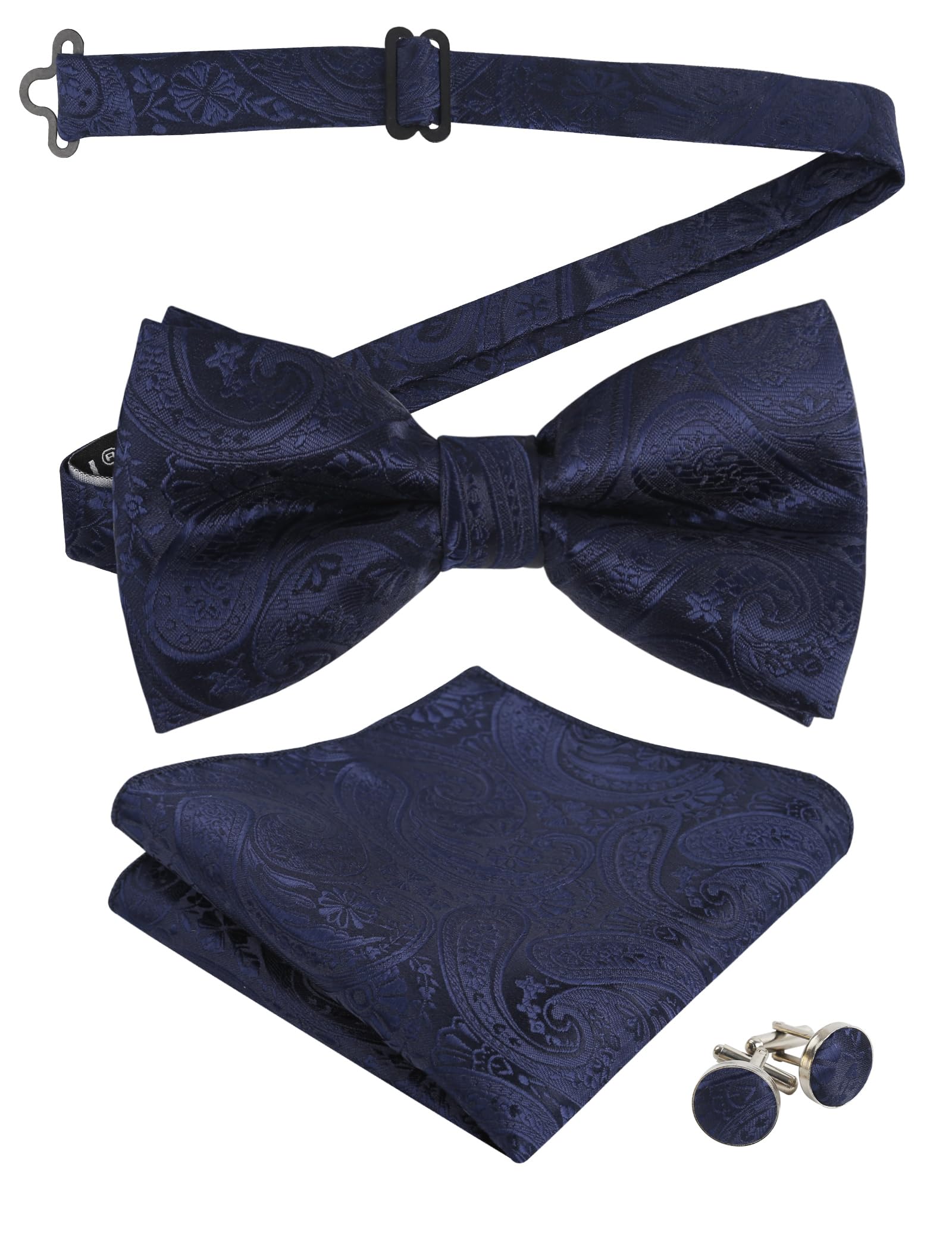 Alizeal Men's 168-Dark Navy Paisley Bow Tie, Hanky And Cufflinks Set (Dark Navy)(Size: One Size)