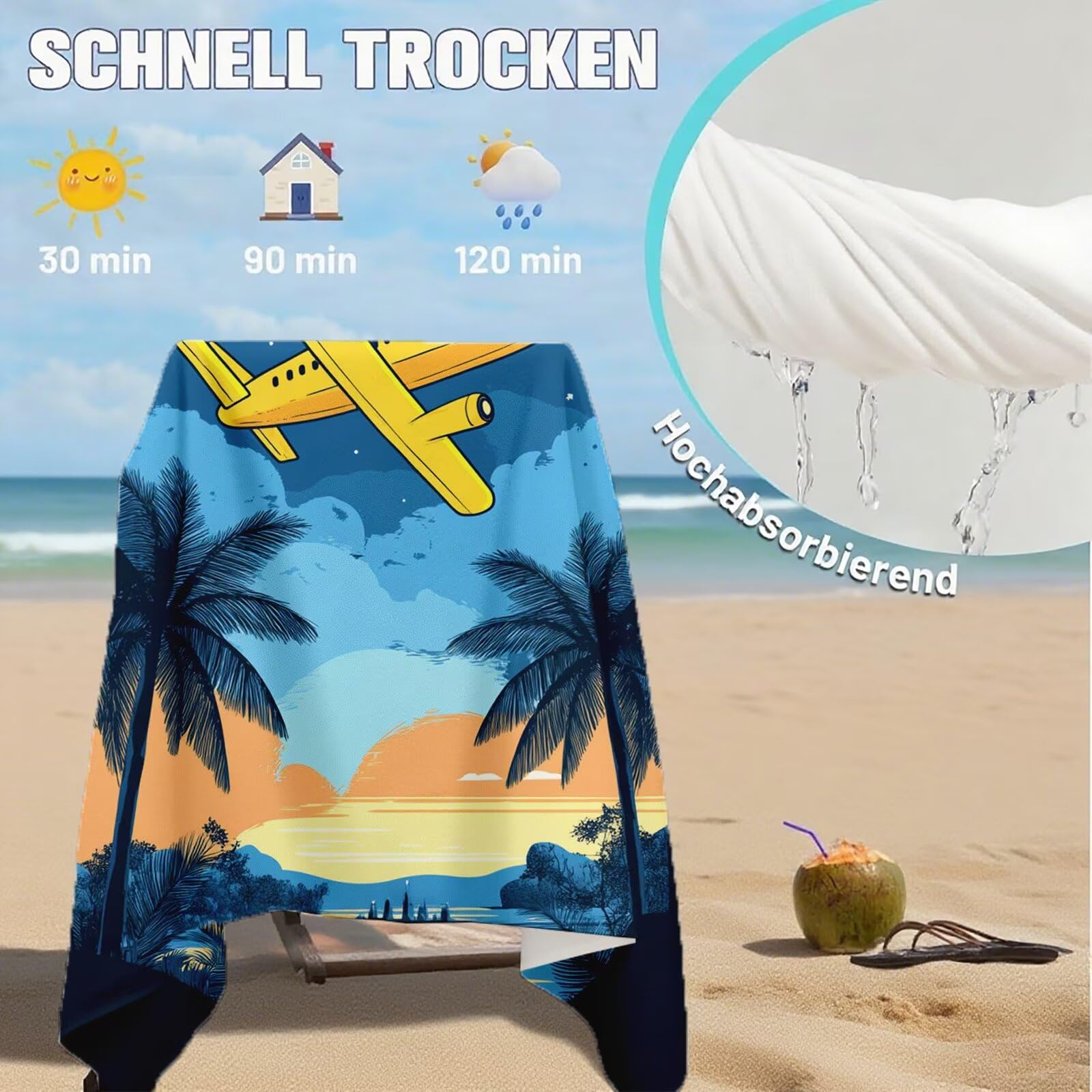 Toallas de Playa Microfibra Avión Toalla Playa Grande 180x90 cm Mujer Hombre Secado Rápido Absorbente Toallas Gimnasio Suave Sin Arena Ligera Toalla Microfibra para Playas Piscina Viajes Camping Q-729