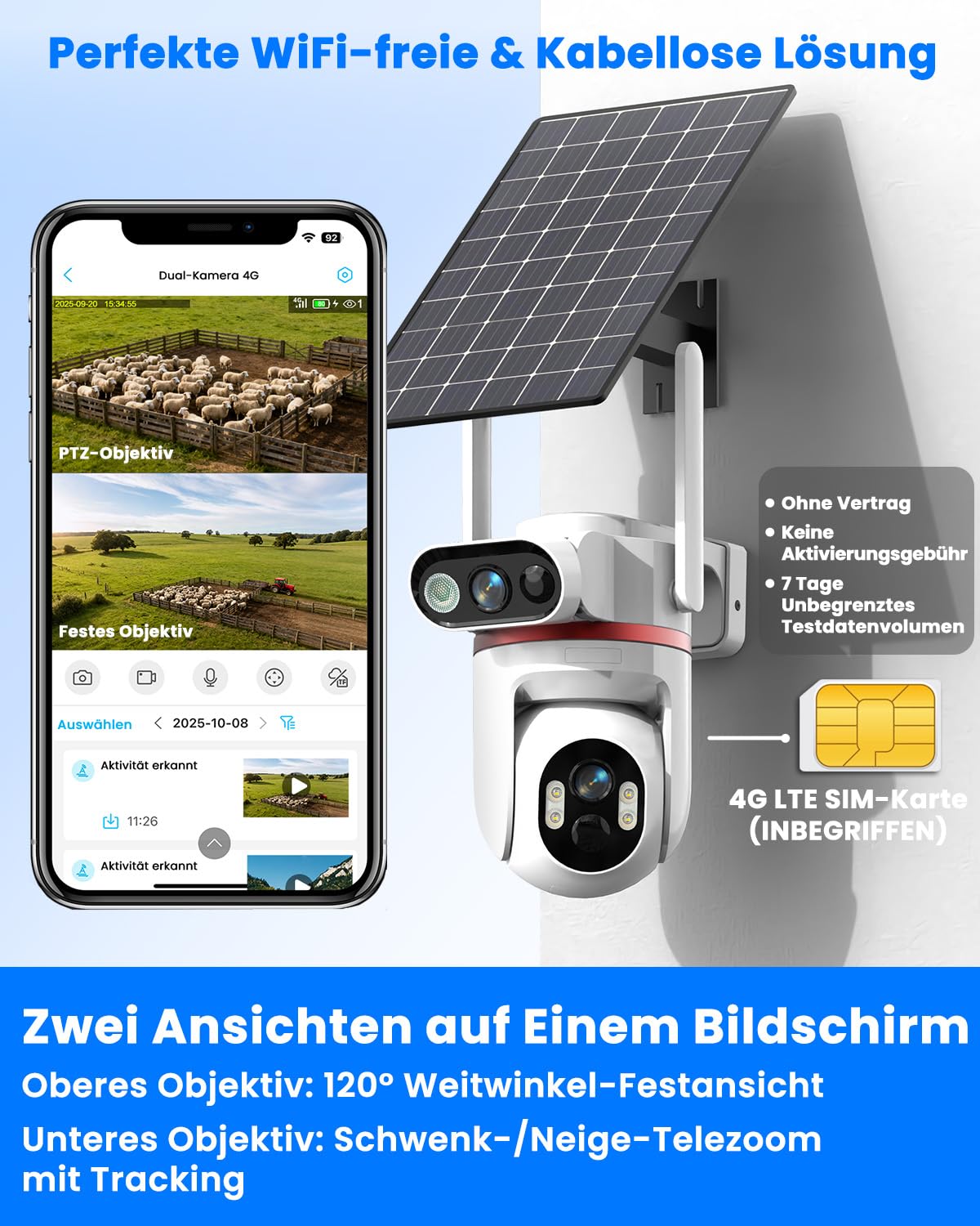 UCOCARE 4G LTE Solar-Überwachungskamera mit SIM-Karte, 24H Aufzeichnung AOV
