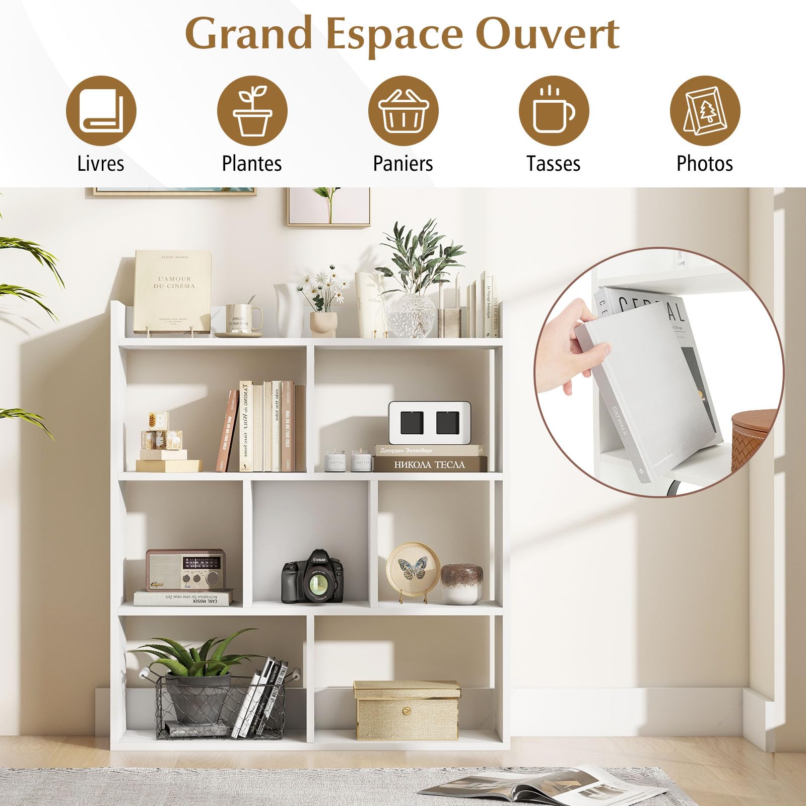 GOPLUS Librería de 7 Cubos Abiertos, Estantería de Madera de 3 Niveles con Kits Antivuelco, Mueble de Almacenamiento para Salón, Habitación Infantil, Estudio, Oficina, 80 x 20 x 90 cm (Blanco)