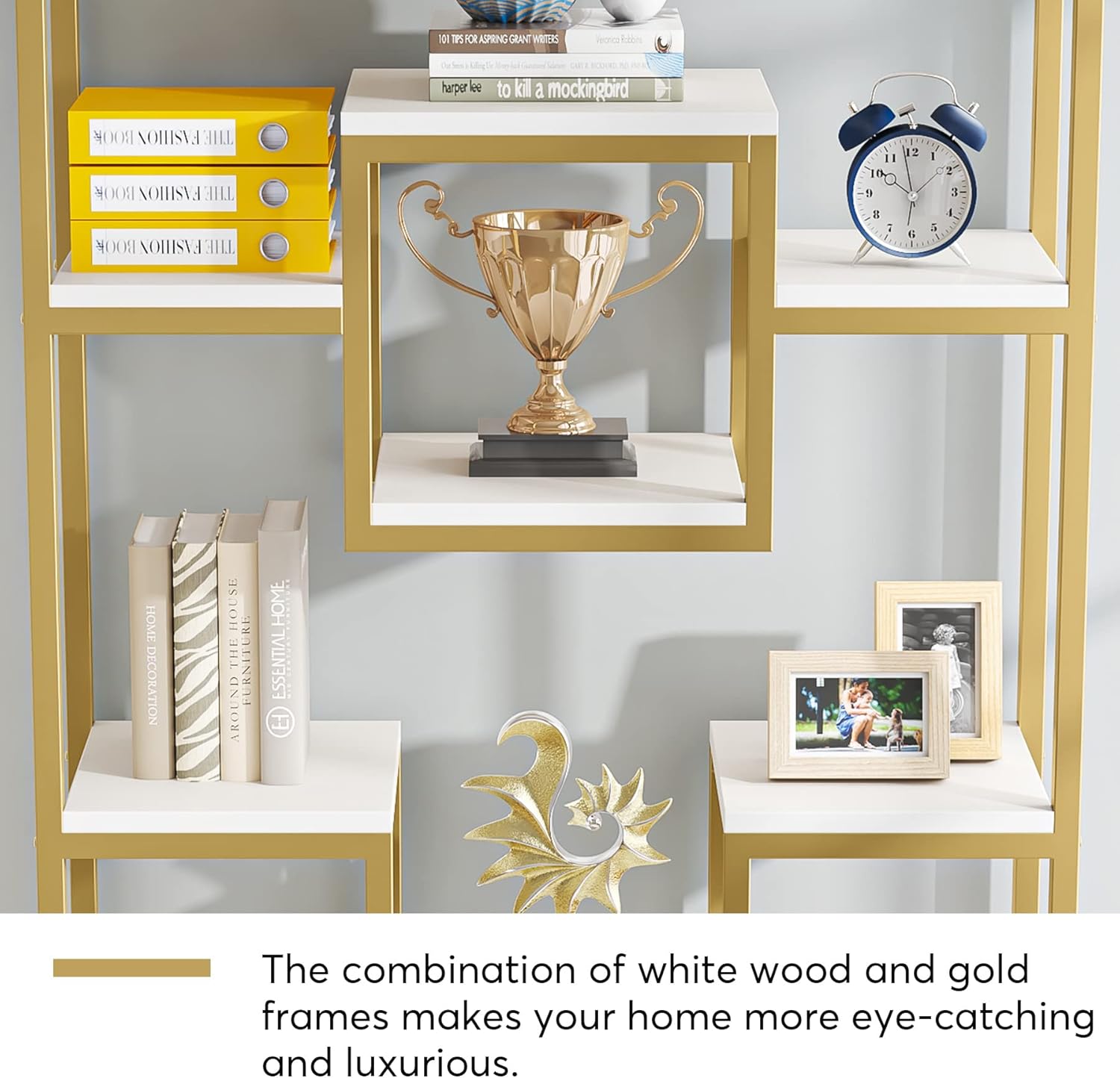 LITTLE TREE 71" Tall Bookshelf, Large Open Display Shelf, Geometric Cubed Bookcase, Modern Book Shelf with Storage Shelves for Office, Living Room, Bedroom, Gold & White - Image 7