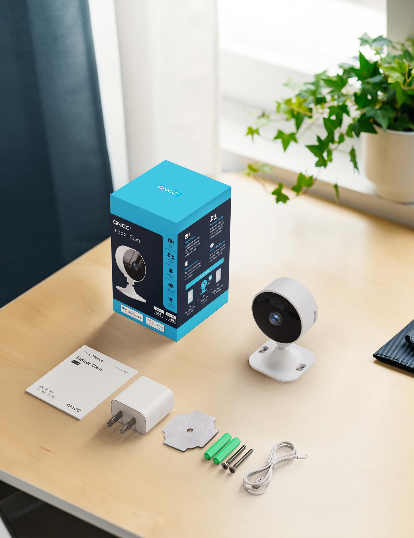 GNCC Caméra de sécurité intérieure 1080p Wi-Fi 2,4 GHz détection Mouvement IA Audio bidirectionnel Vision Nocturne Stockage Cloud