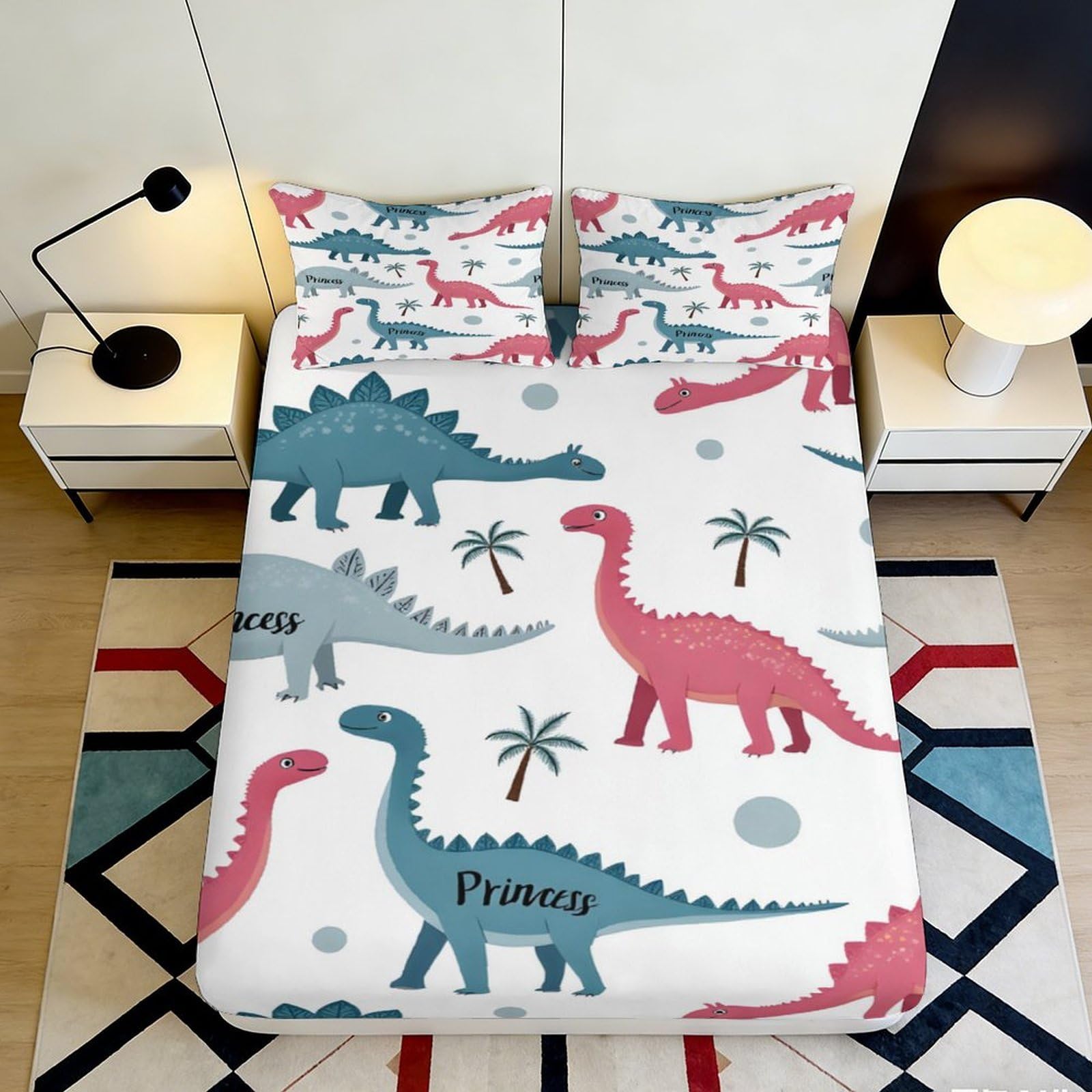 3D Printed Blue Dinosaur Fitted Sheet Microfiber Soft Breathable Pink Jurassic Bed Cover for Bedroom Guestroom Decor 90x200x25cm
