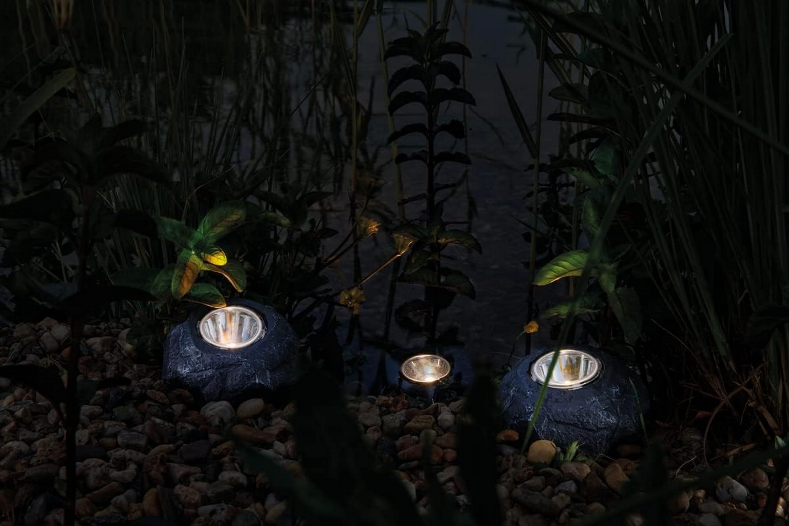 Pontec 87585 PondoStar LED Rocklight Set 3 - schwarzes, attraktives Felsleuchten-Set in zeitloser Schieferoptik / Unterwasserbeleuchtung